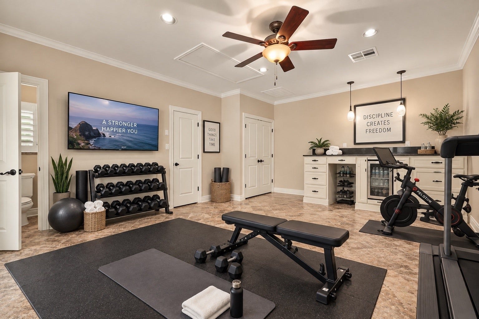 18607 Point Lookout Drive, Nassau Bay, TX 77058 Virtually staged as a private fitness room, demonstrating the incredible flexibility of this spacious area. Whether used as a home gym, guest quarters, game room, or additional living space, the two walk-in closets and full bathroom with walk-in shower make this room exceptionally functional.