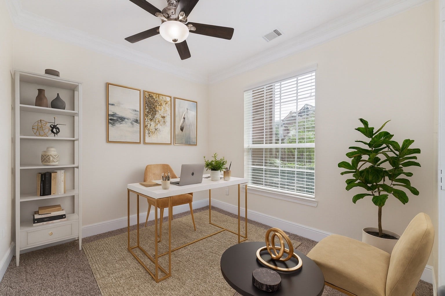 11103 Dowbeck Avenue, Richmond, TX 77407 Virtually staged - Office/Study at the entrance of the house. This bright room features neutral walls, a ceiling fan and a large window that provides ample natural light. The perfect room for a home office or sitting area.