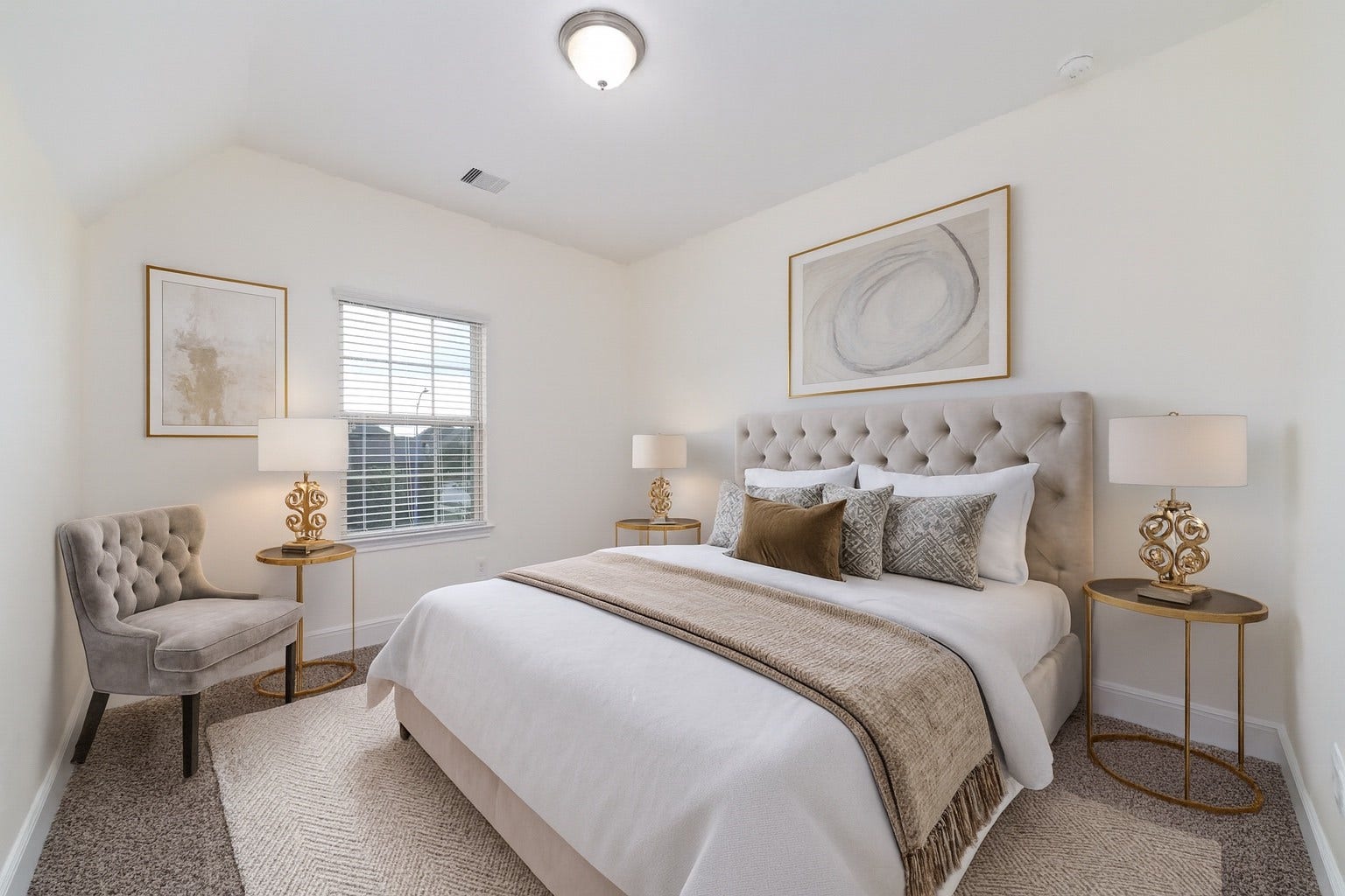 11103 Dowbeck Avenue, Richmond, TX 77407 Virtually staged -Bedroom #4 - This room features neutral walls, a plush carpet, and a single window with a decorative shade, providing a cozy and versatile space.
