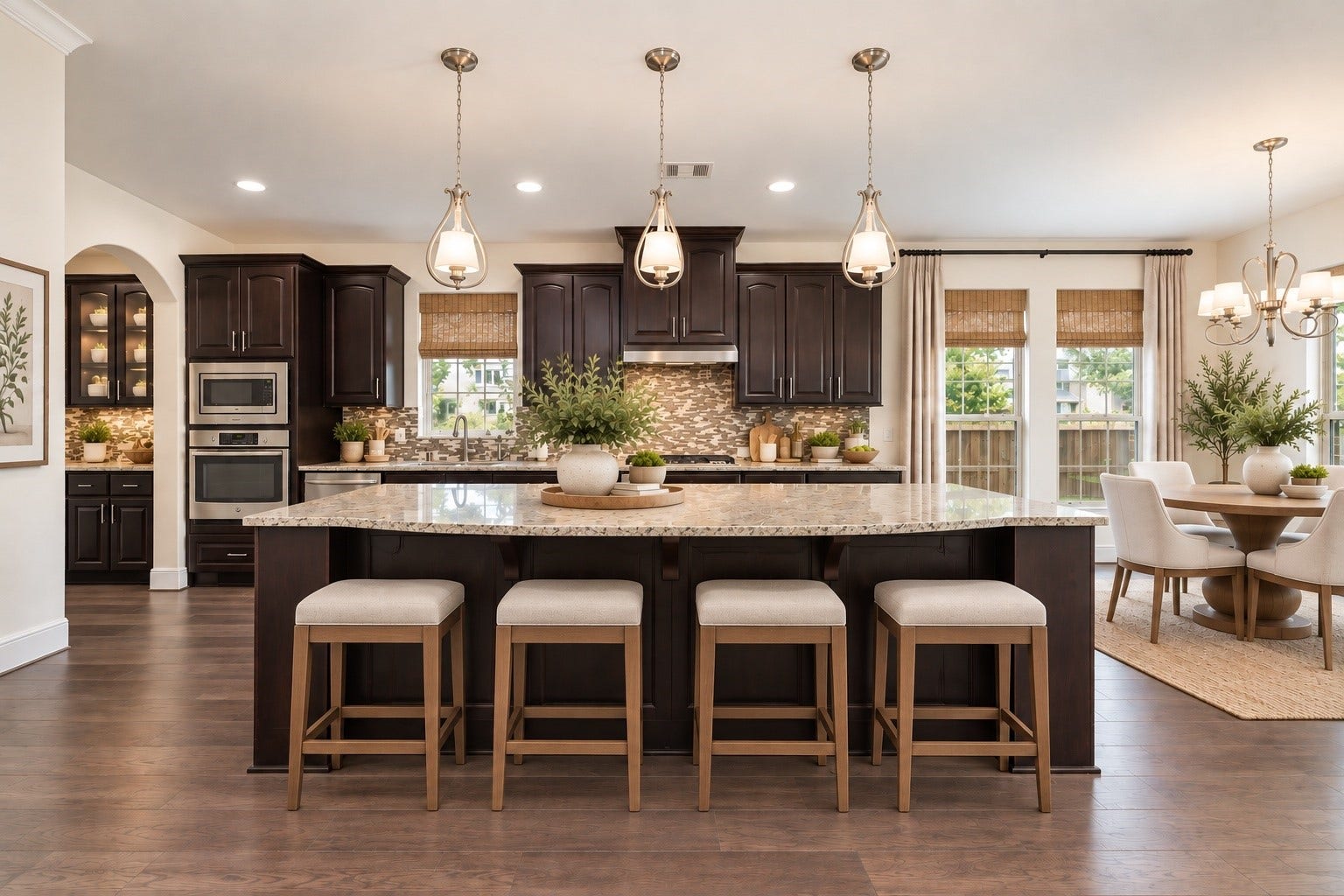 11103 Dowbeck Avenue, Richmond, TX 77407 virtually staged - This modern kitchen features elegant dark wood cabinetry, a large center island, and stainless steel appliances.