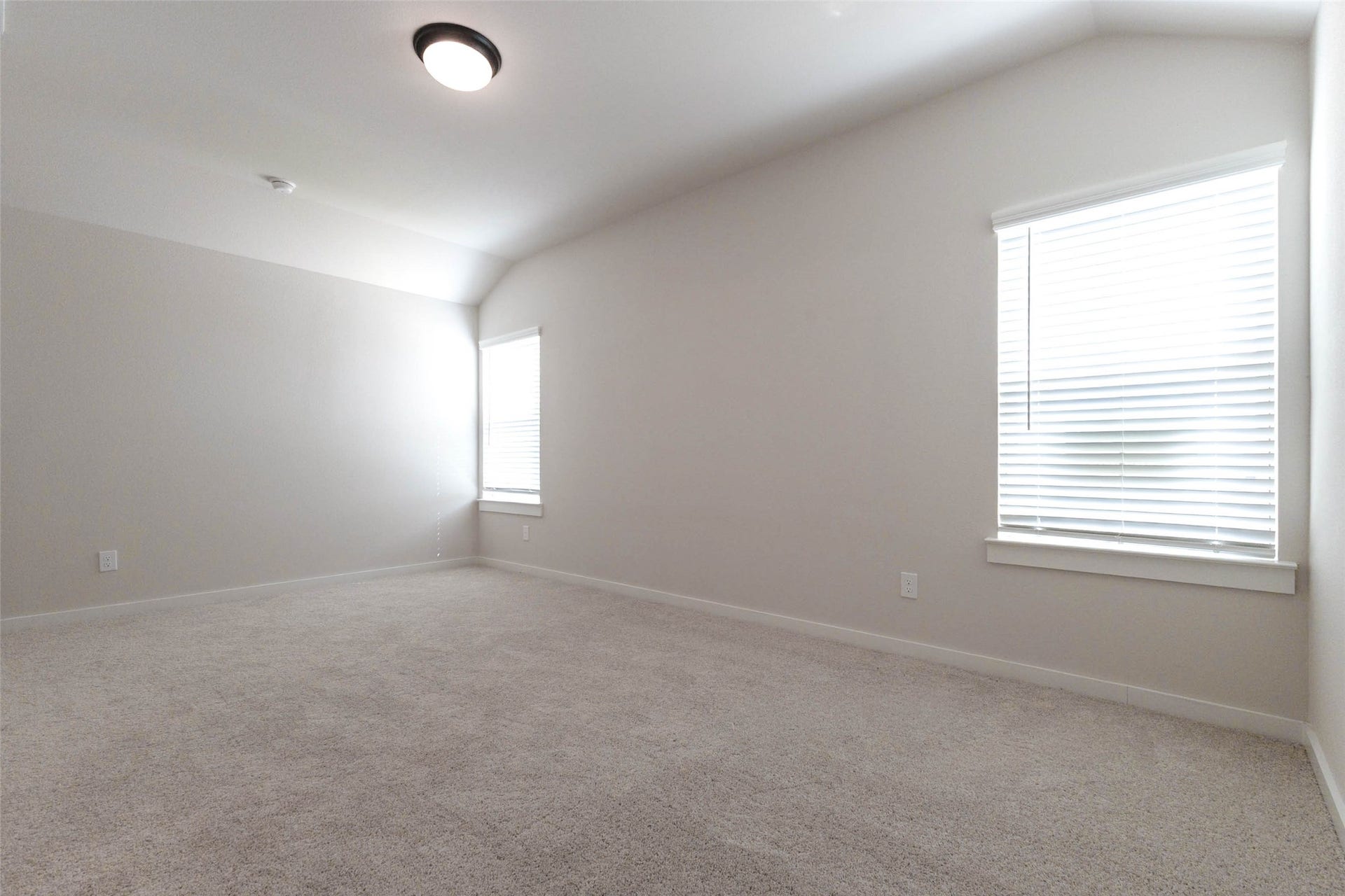 1007 Santee Ct Court, Rosharon, TX 77583 This third bedroom features a large window with blinds, soft carpet and a vaulted ceiling that adds volume. There is plenty of wall space for a bed, dresser and desk, and a ceiling light keeps it bright at any hour. Whether it becomes a child's room, a guest room or a hobby space, it offers comfort, light and flexibility that fits whatever life brings next.