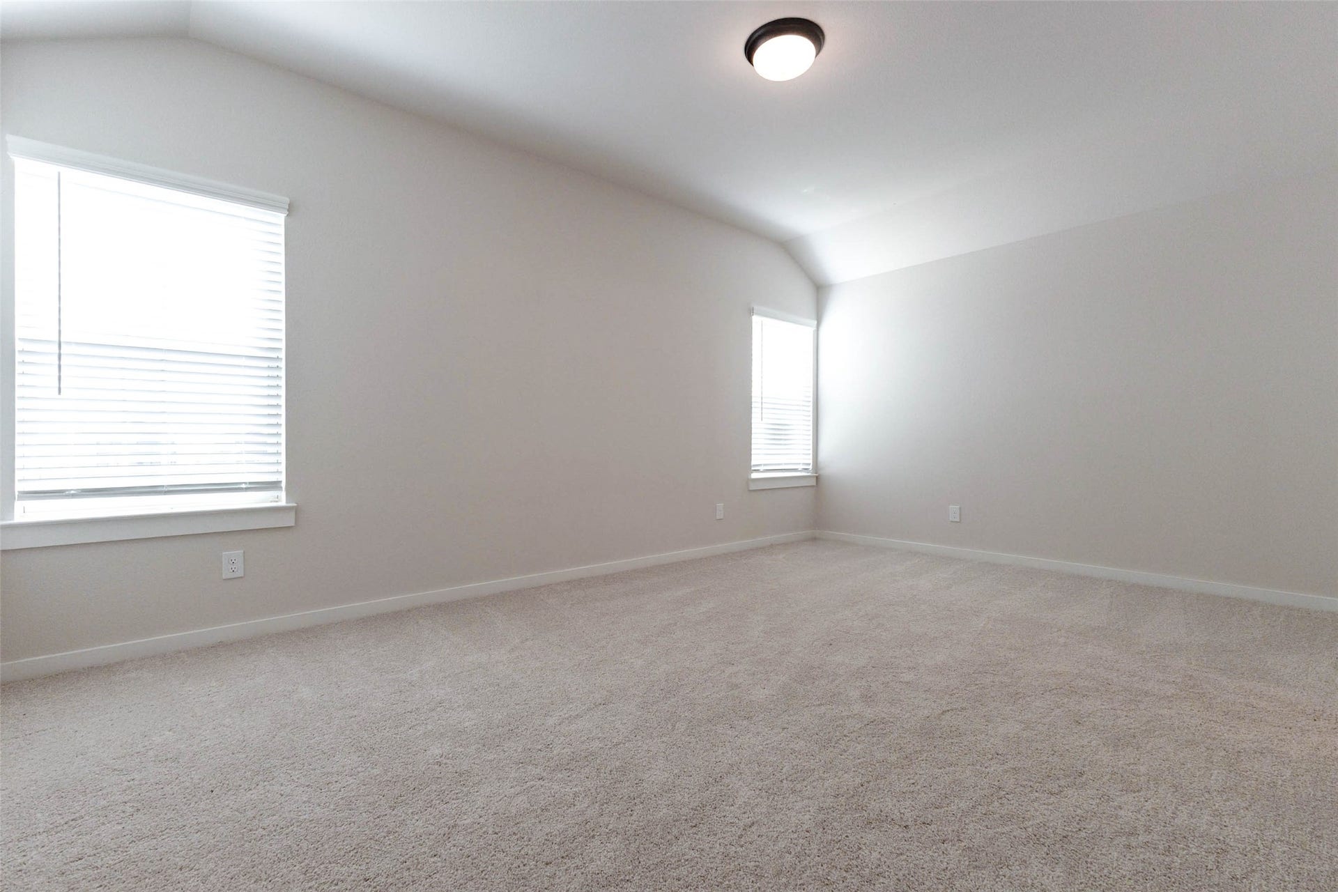 1007 Santee Ct Court, Rosharon, TX 77583 This bedroom has a vaulted ceiling that makes the room feel taller, and a large window with blinds fills it with natural light. Soft neutral carpet and fresh paint make it a blank canvas for a nursery, kids' room, guest suite or work-from-home space. A flush-mount ceiling light and plenty of wall space mean furniture placement is easy no matter how you use it.