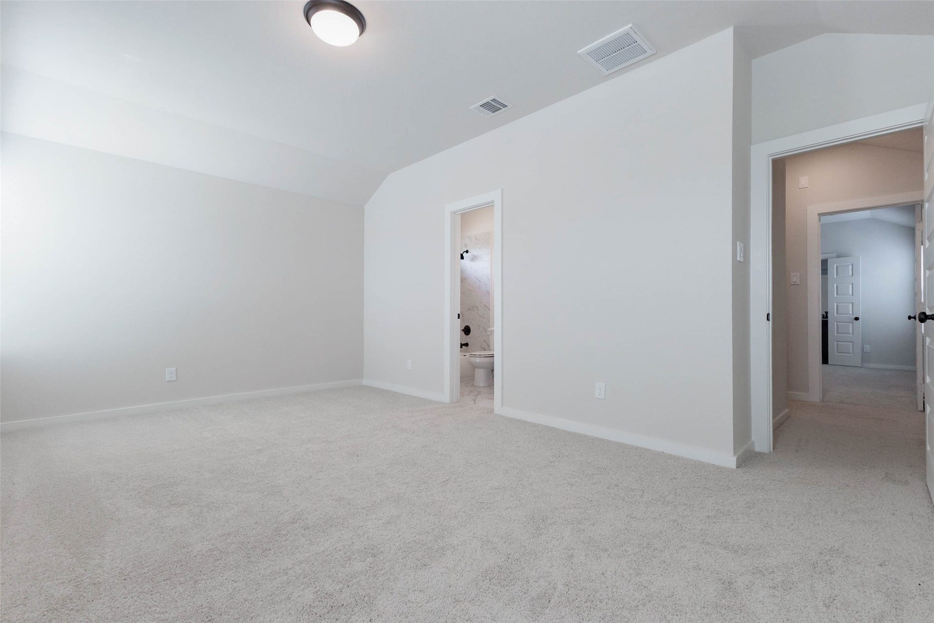 1007 Santee Ct Court, Rosharon, TX 77583 Another carpeted bedroom with a vaulted ceiling and generous floor space, this room sits right next to the hall bath for convenience. The wide layout can fit a queen bed plus a desk or reading chair, and the neutral palette suits any style. Quiet, bright and well proportioned, it makes a great option for kids, guests or a home office with room for a full-size workspace.
