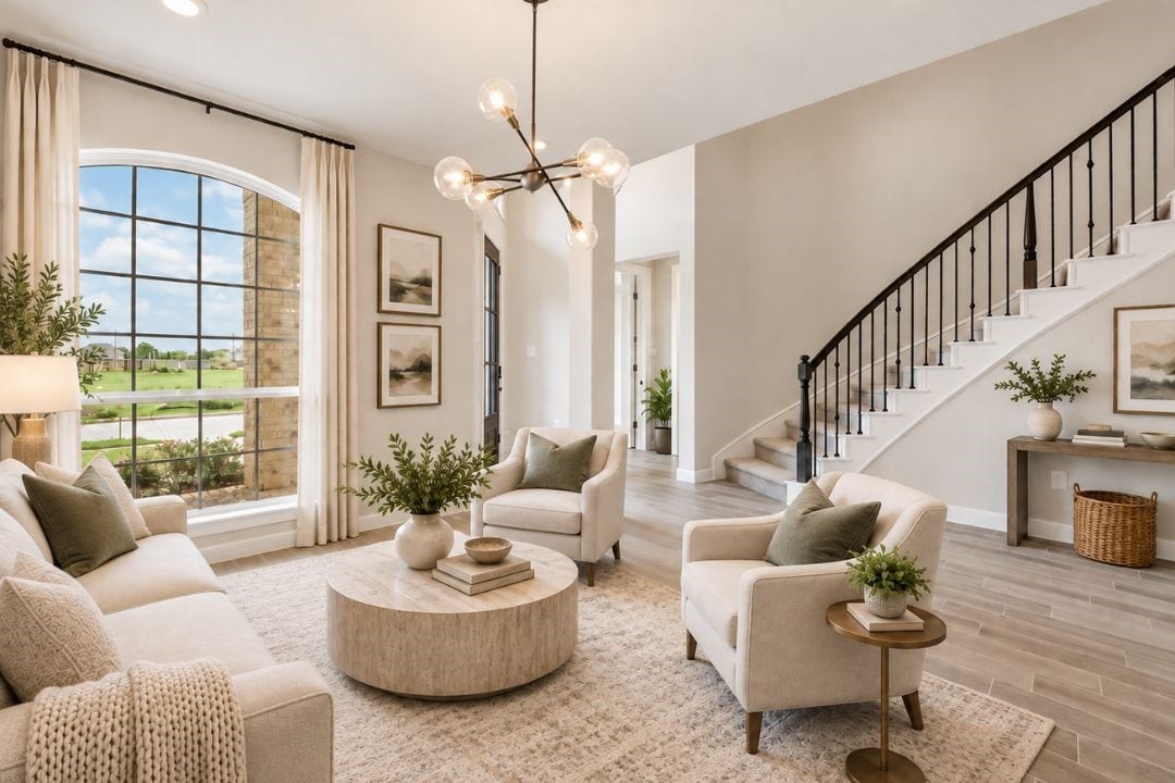 4510 Shaded Arbor Way, Sugar Land, TX 77479 Inviting sitting or formal living area located near the staircase with plenty of natural light. This image has been virtually staged for illustrative purposes.