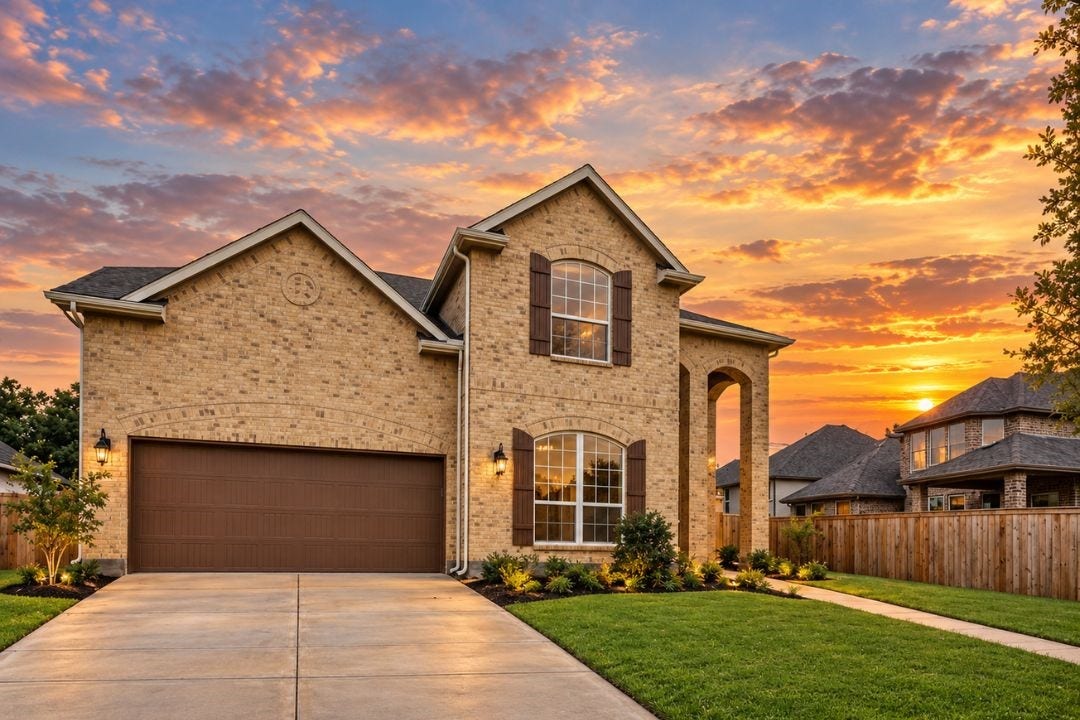 4510 Shaded Arbor Way, Sugar Land, TX 77479 Twilight front exterior view highlighting the brick faade, architectural details, and landscaped front yard. This image has been virtually staged for illustrative purposes.