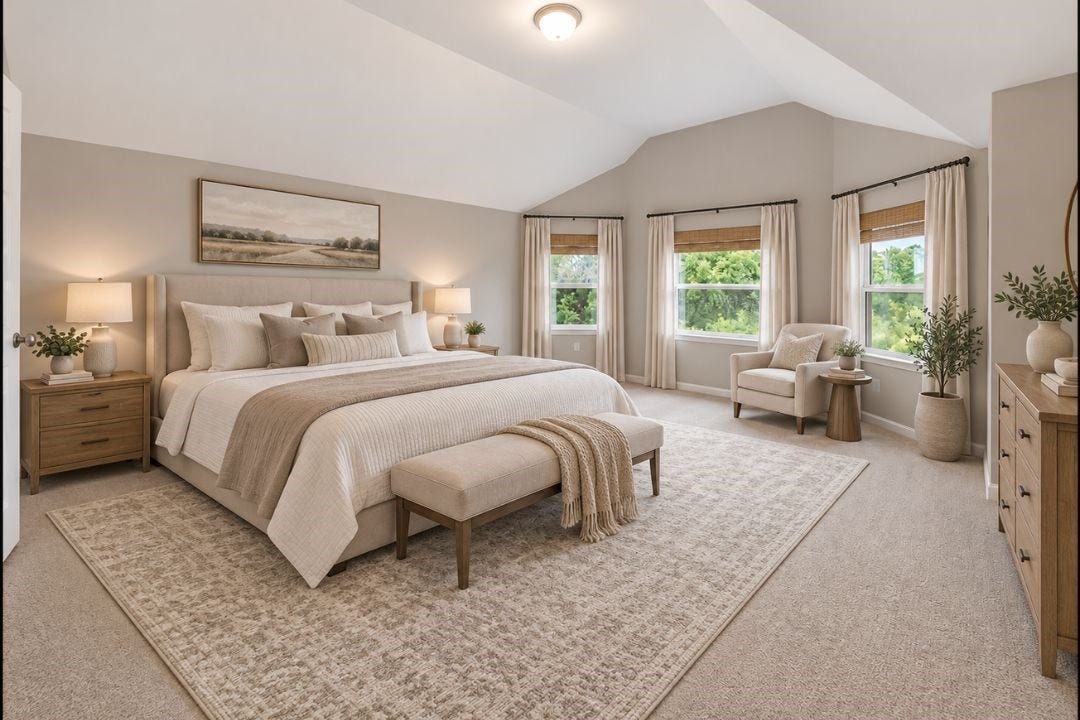 4510 Shaded Arbor Way, Sugar Land, TX 77479 Primary Bedroom. Spacious primary bedroom featuring large windows, ceiling fan, and abundant natural light. This image has been virtually staged for illustrative purposes.