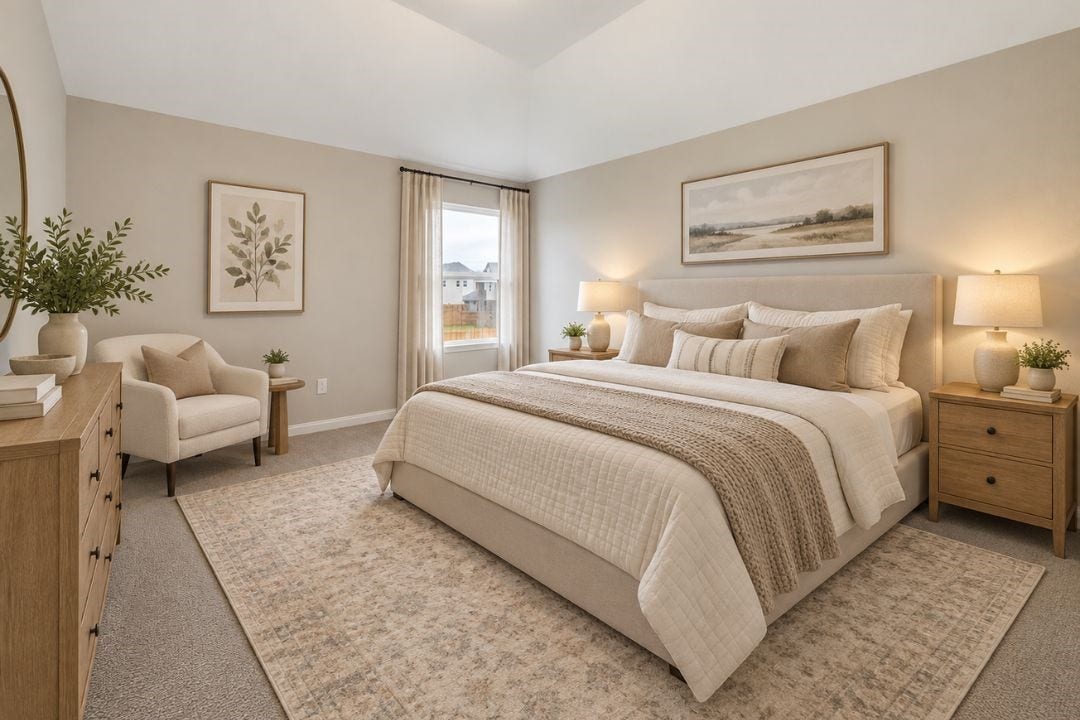 4510 Shaded Arbor Way, Sugar Land, TX 77479 Secondary bedroom with ceiling fan, window views, and generous living space. This image has been virtually staged for illustrative purposes.