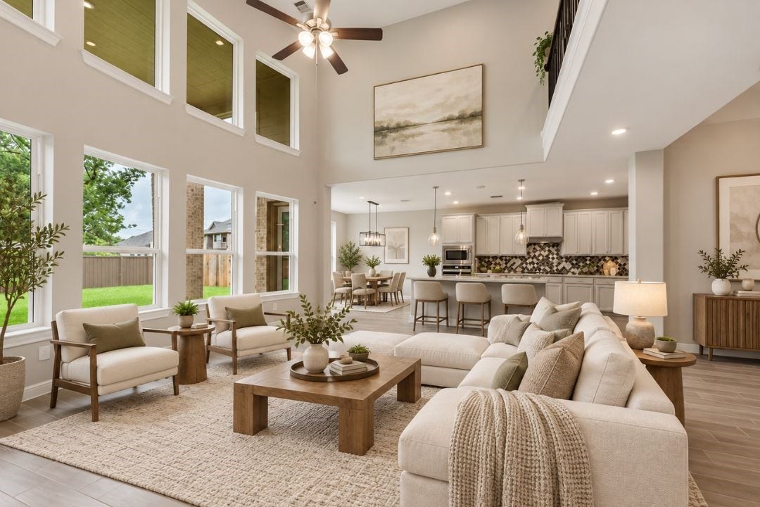 4510 Shaded Arbor Way, Sugar Land, TX 77479 Open living area with soaring ceilings, abundant natural light, and seamless connection to the kitchen. This image has been virtually staged for illustrative purposes.