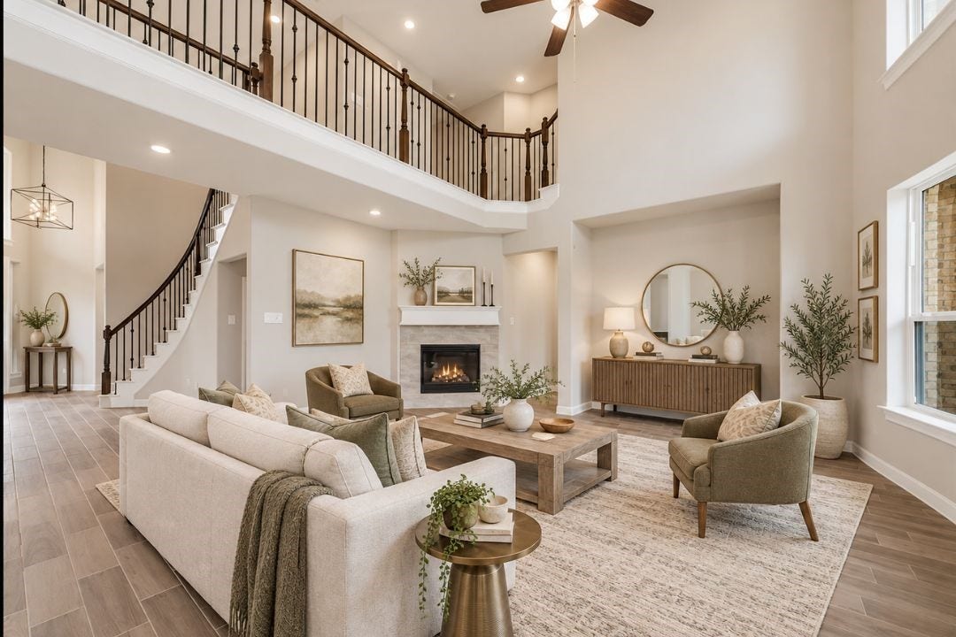4510 Shaded Arbor Way, Sugar Land, TX 77479 Additional view of the spacious living area highlighting the high ceilings and open floor plan. This image has been virtually staged for illustrative purposes.