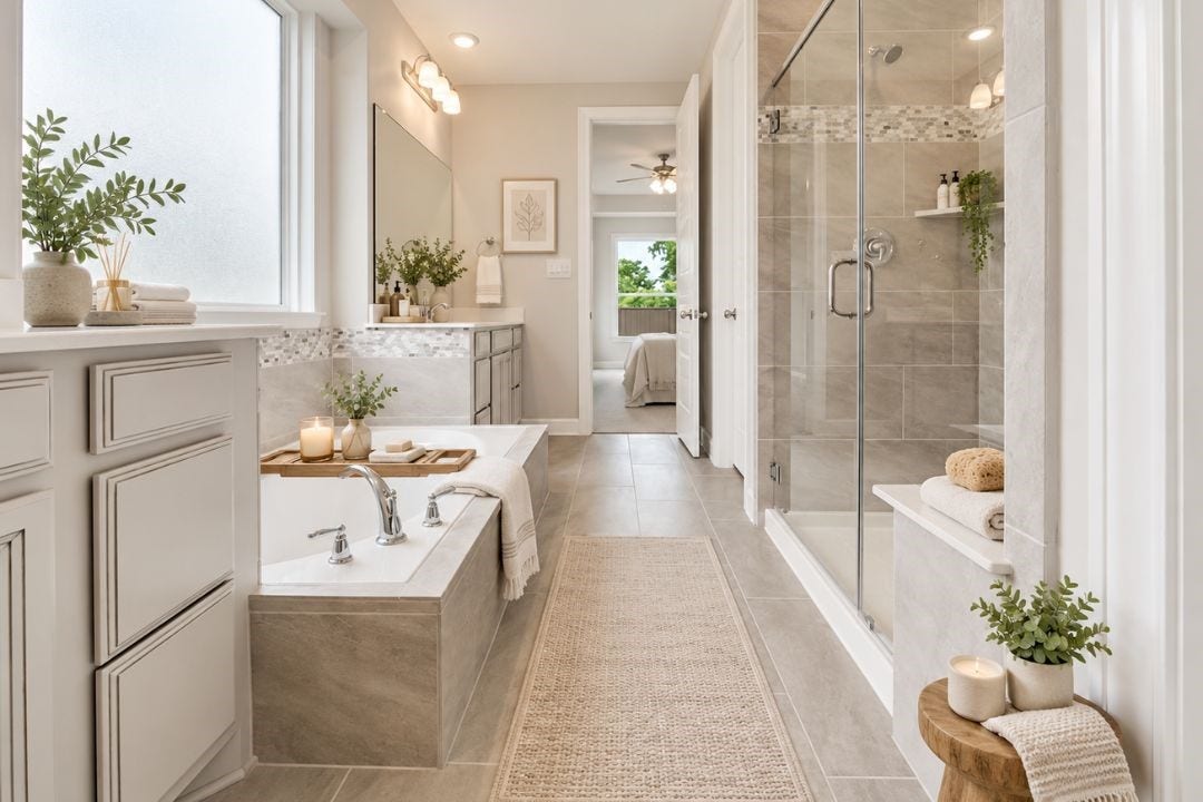 4510 Shaded Arbor Way, Sugar Land, TX 77479 Primary bathroom featuring dual vanities, generous counter space, and a bright, spacious layout. This image has been virtually staged for illustrative purposes.