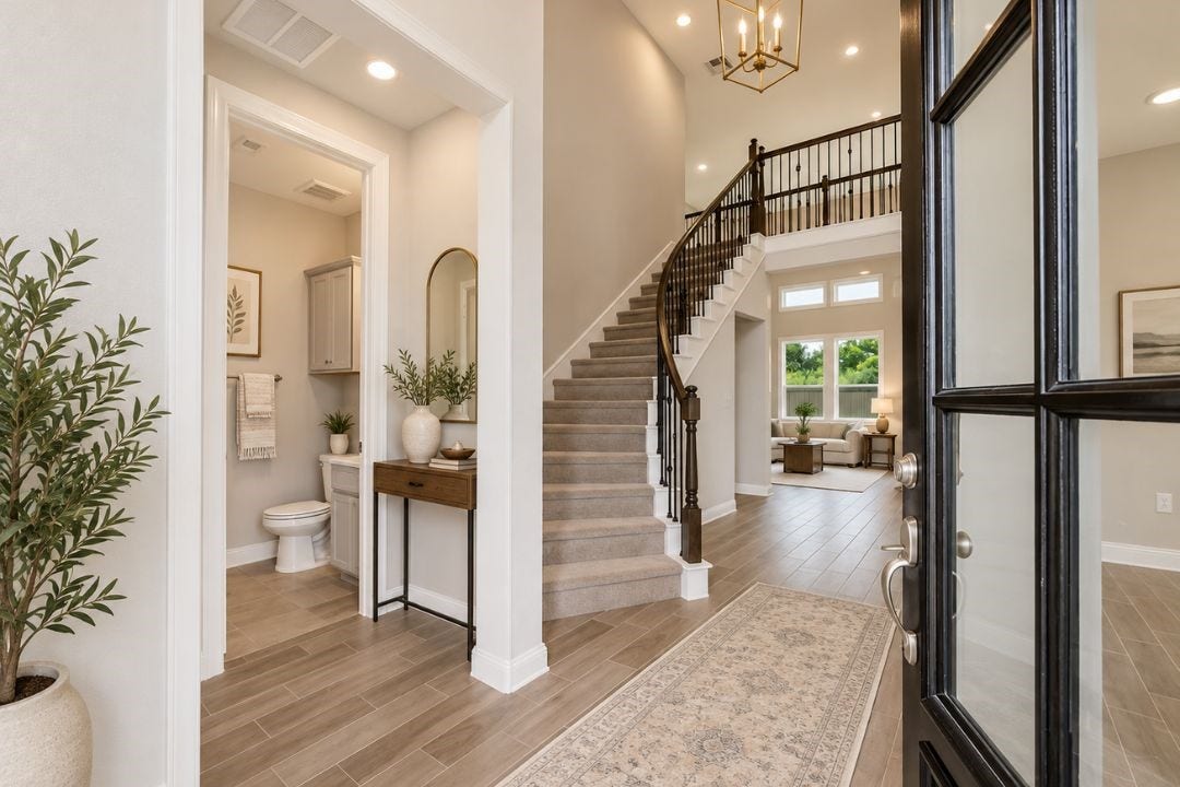 4510 Shaded Arbor Way, Sugar Land, TX 77479 Welcoming entry foyer with high ceilings, wood-look flooring, and an open view into the home. This image has been virtually staged for illustrative purposes.