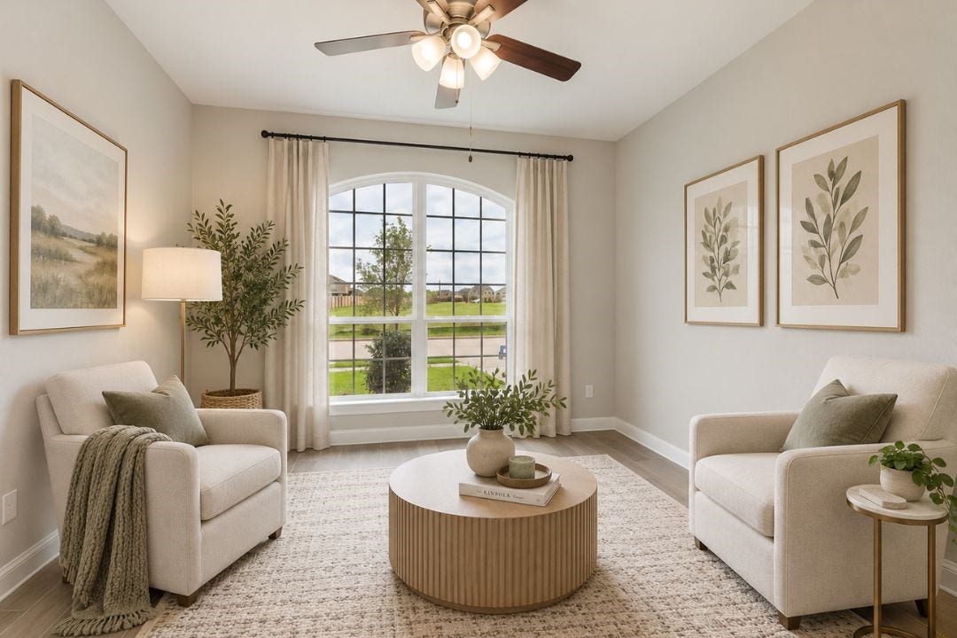 4510 Shaded Arbor Way, Sugar Land, TX 77479 Bright secondary bedroom with ceiling fan, large windows, and ample space for flexible use. Can be used as Second primary room or can be use as office/ lounge. This image has been virtually staged for illustrative purposes.