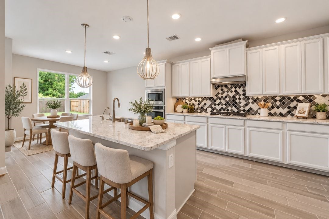 4510 Shaded Arbor Way, Sugar Land, TX 77479 Spacious kitchen featuring a large center island, abundant cabinetry, recessed lighting, and open-concept design. This image has been virtually staged for illustrative purposes.