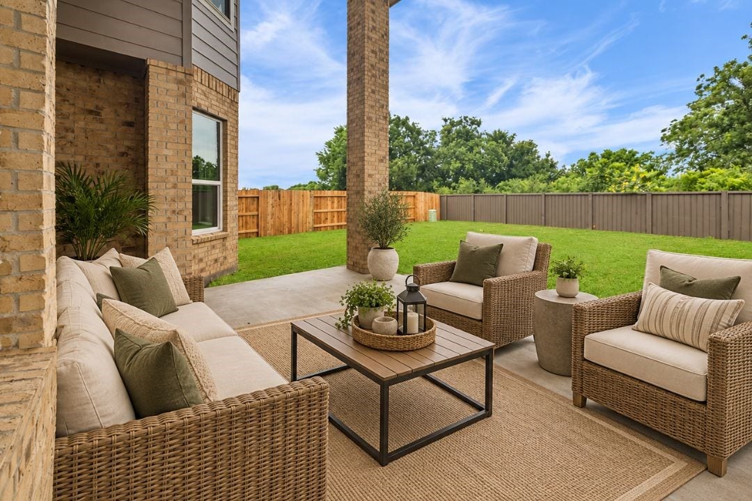 4510 Shaded Arbor Way, Sugar Land, TX 77479 Covered outdoor patio overlooking the backyard, providing additional space for outdoor seating and entertaining. This image has been virtually staged for illustrative purposes.