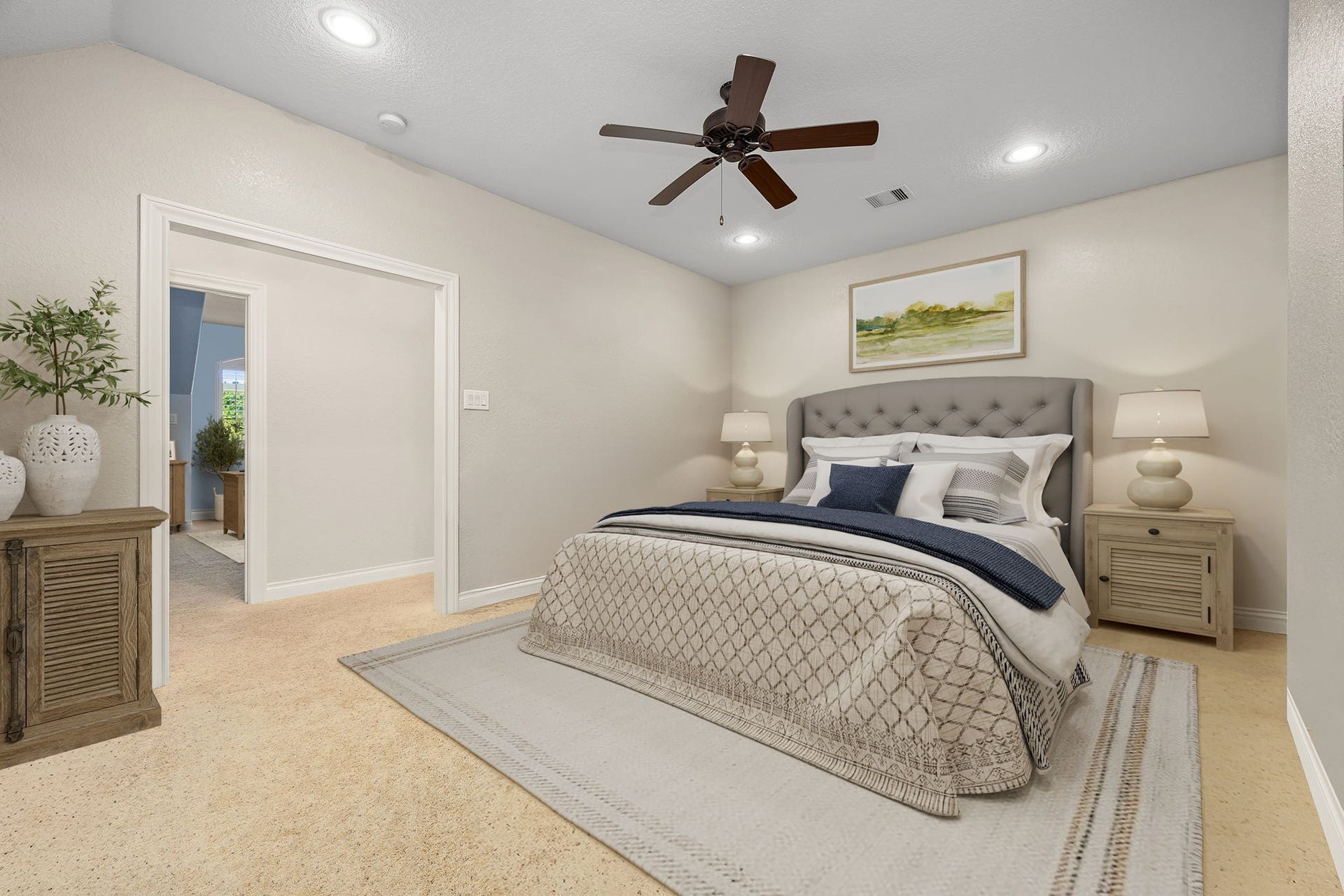 13506 Stagecoach Road, Magnolia, TX 77355 Private upstairs guest suite featuring a spacious layout, recessed lighting, and a calm, inviting atmosphere for ultimate comfort.