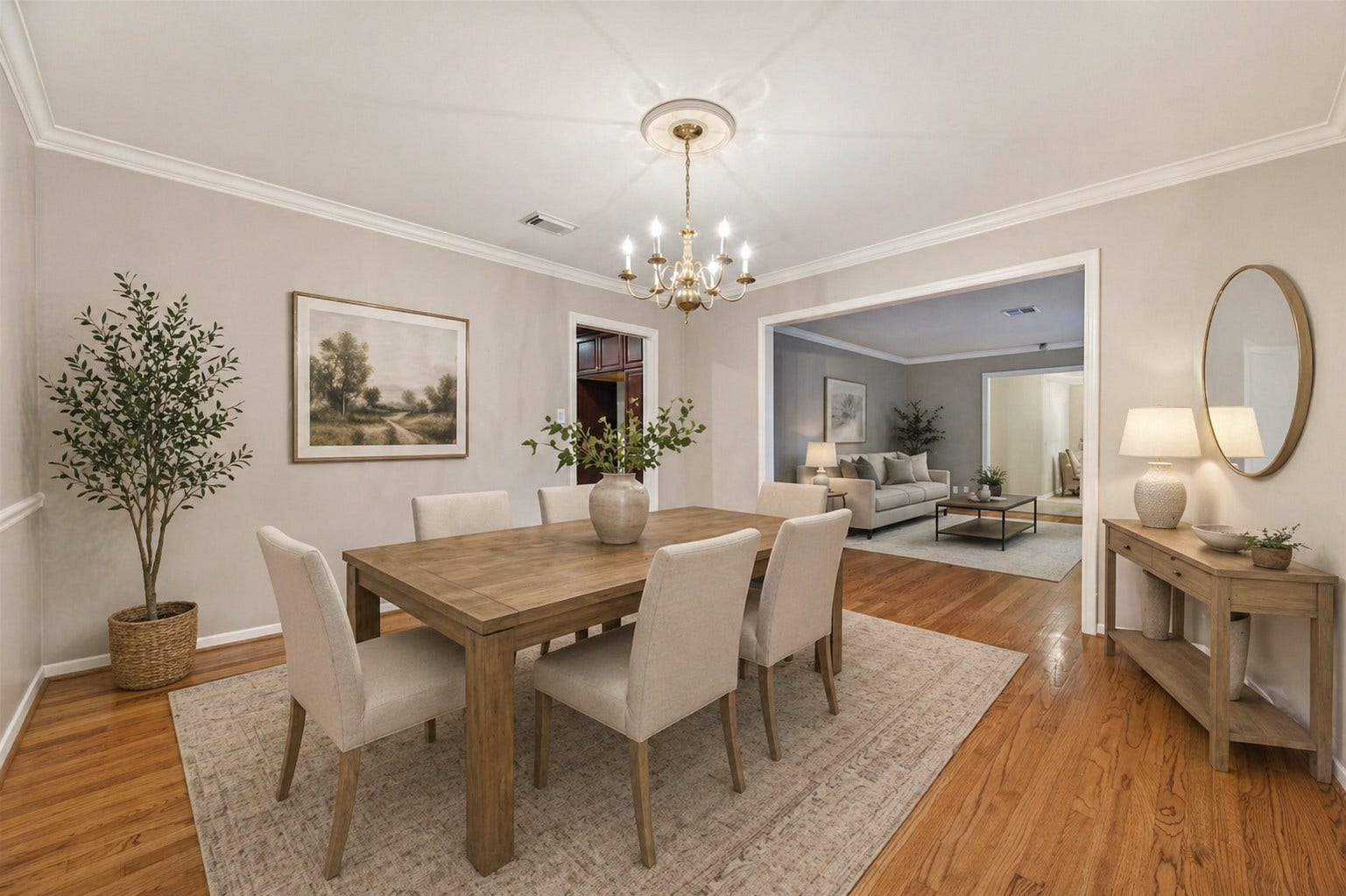 5638 Sanford Road, Houston, TX 77096 Formal dining room seamlessly connects to the formal living room, creating an inviting space for elegant dinners and memorable gatherings. Virtually staged to showcase its entertaining potential.