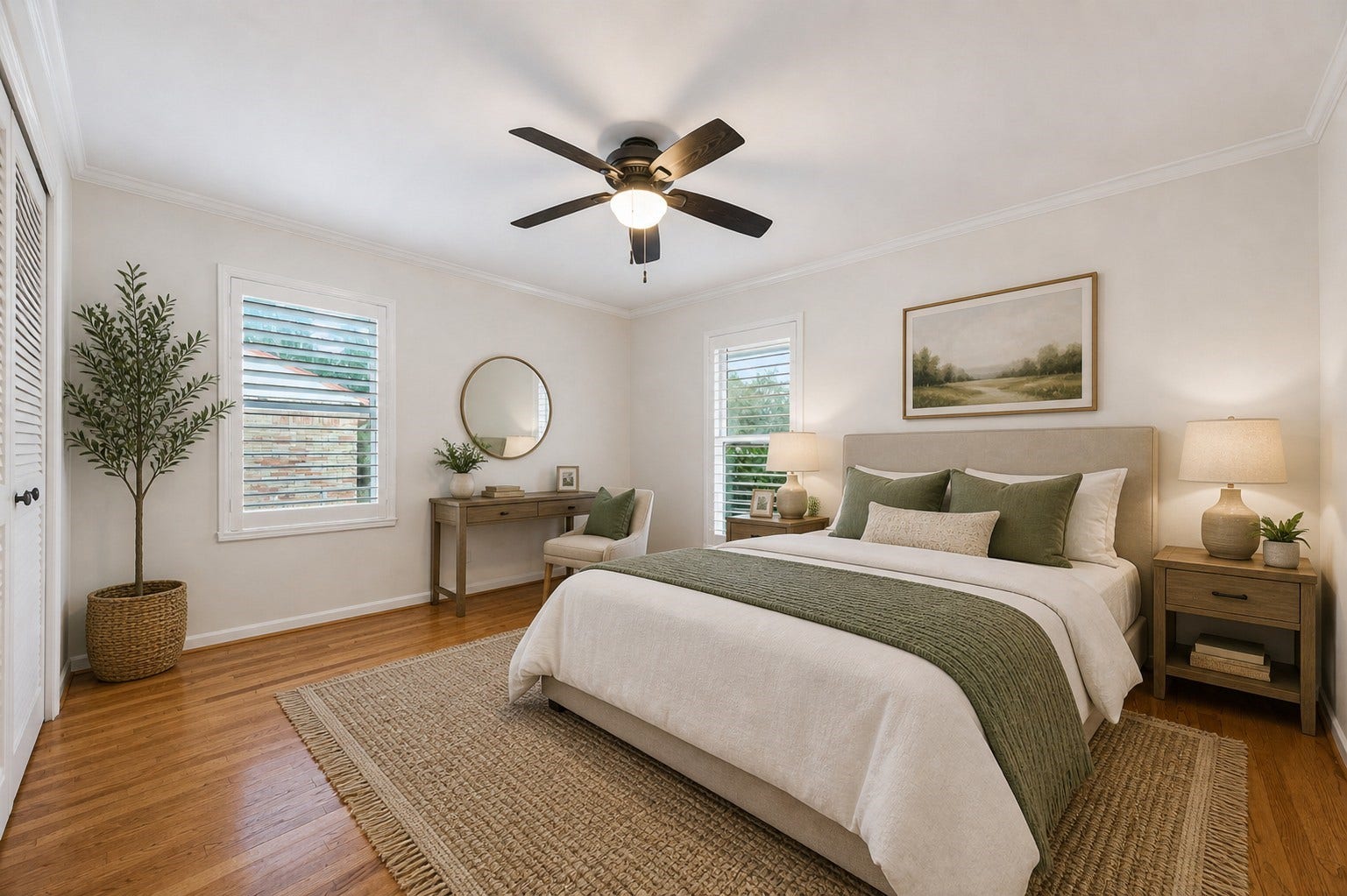 5638 Sanford Road, Houston, TX 77096 Front-facing secondary bedroom featuring plantation shutters, abundant natural light, and beautiful original hardwood floors. This image has been virtually staged.