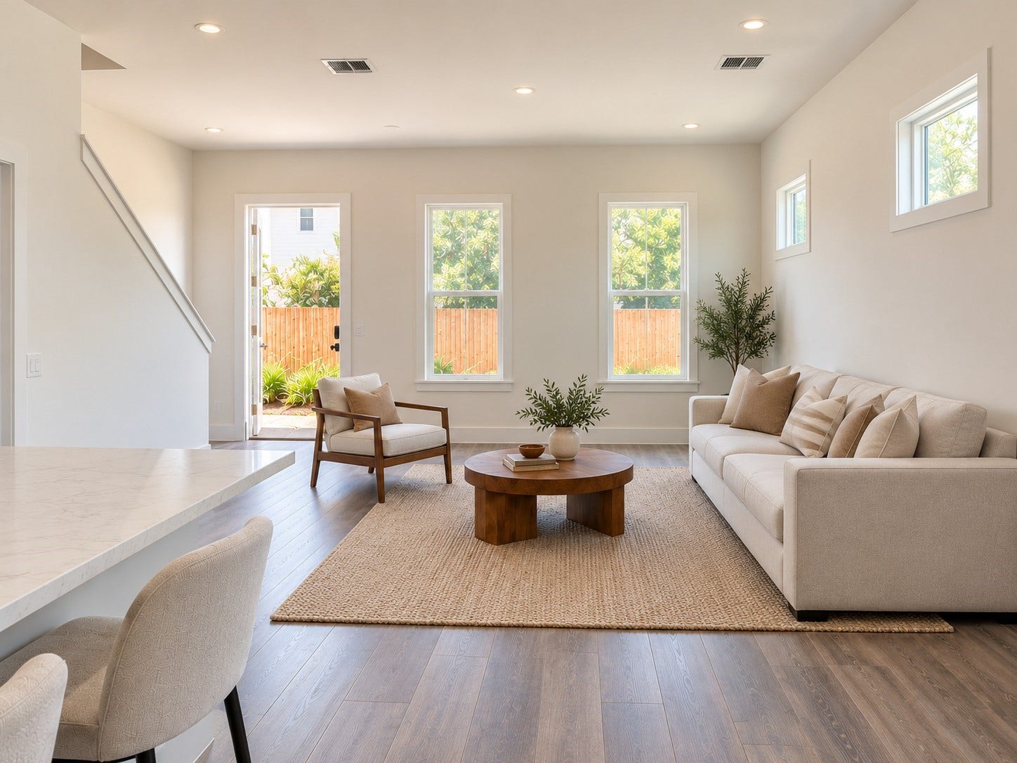 6027 Beall Street, Houston, TX 77091 Enjoy this beautifully designed open-concept living area featuring generous natural light, elegant wood-look flooring, and a welcoming neutral color palette. Multiple windows brighten the space, while recessed ceiling lighting enhances the airy atmosphere. A comfortable sofa, accent chair, round wooden coffee table, and textured area rug create an inviting gathering area. Convenient access to the outdoor space adds to the room's functionality. These photos have been virtually rendered for visual reference.