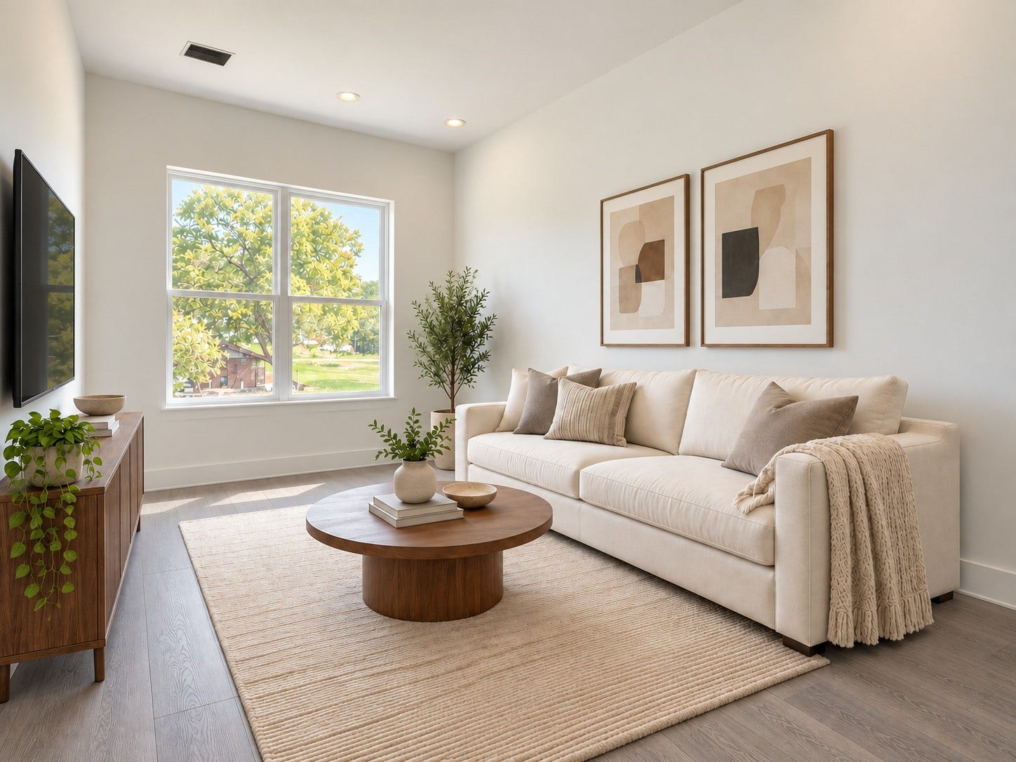 6027 Beall Street, Houston, TX 77091 Discover a bright and beautifully arranged living area where contemporary design meets everyday comfort. A large window fills the room with natural sunlight, highlighting the elegant wood-look flooring and soft neutral finishes. The inviting seating arrangement features a plush sofa, decorative pillows, a round wood coffee table, and a textured area rug. These photos have been virtually rendered for visual reference.