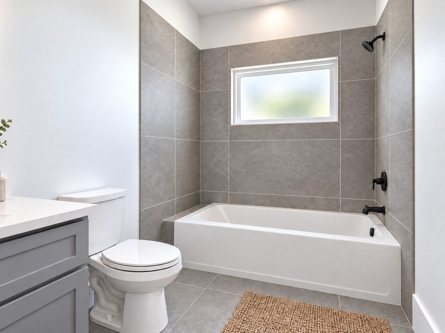 6027 Beall Street, Houston, TX 77091 This bright and beautifully finished bathroom offers a perfect balance of comfort and contemporary style. A spacious bathtub is surrounded by elegant textured gray tile, creating a sophisticated focal point. A frosted window above the tub allows natural light to enter while maintaining privacy. Matte black shower and bath fixtures provide a striking contrast against the neutral finishes. These photos have been virtually rendered for visual reference.