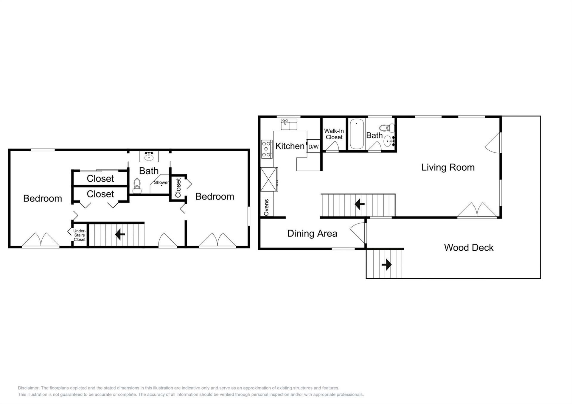 1805 19th Street, Galveston, TX 77550 Two-Story Floor Plan: Floor plan highlighting the home's functional layout. The first floor features two bedrooms connected by a Jack-and-Jill bathroom, while the second floor offers a kitchen, dining area, spacious living room, full bathroom, and outdoor wood deck. A versatile layout designed for comfortable coastal living and accommodating vacation guests.