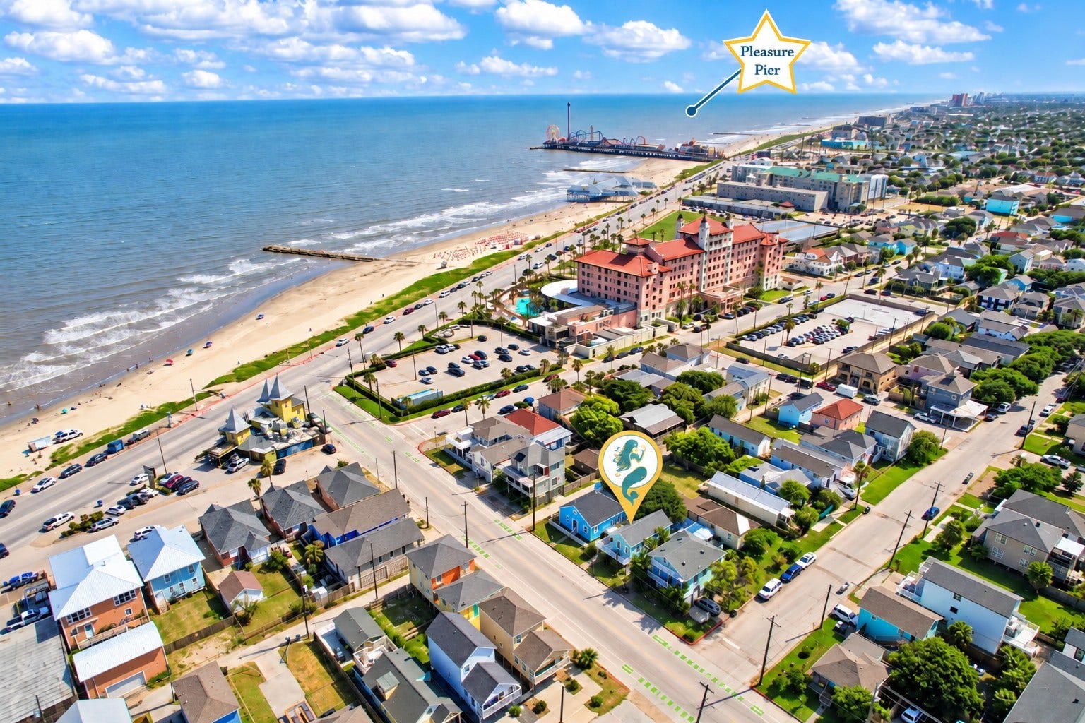 1805 19th Street, Galveston, TX 77550 Prime Galveston Location Thriving Vacation Rental! Located approximately 1 blocks from the beach and Seawall Boulevard, this thriving vacation rental offers an exceptional opportunity to enjoy the Galveston Island lifestyle! The aerial view highlights the property's desirable location near the Gulf of Mexico, sandy beaches, and the iconic Historic Pleasure Pier. Conveniently situated near popular restaurants, shopping, and entertainment.