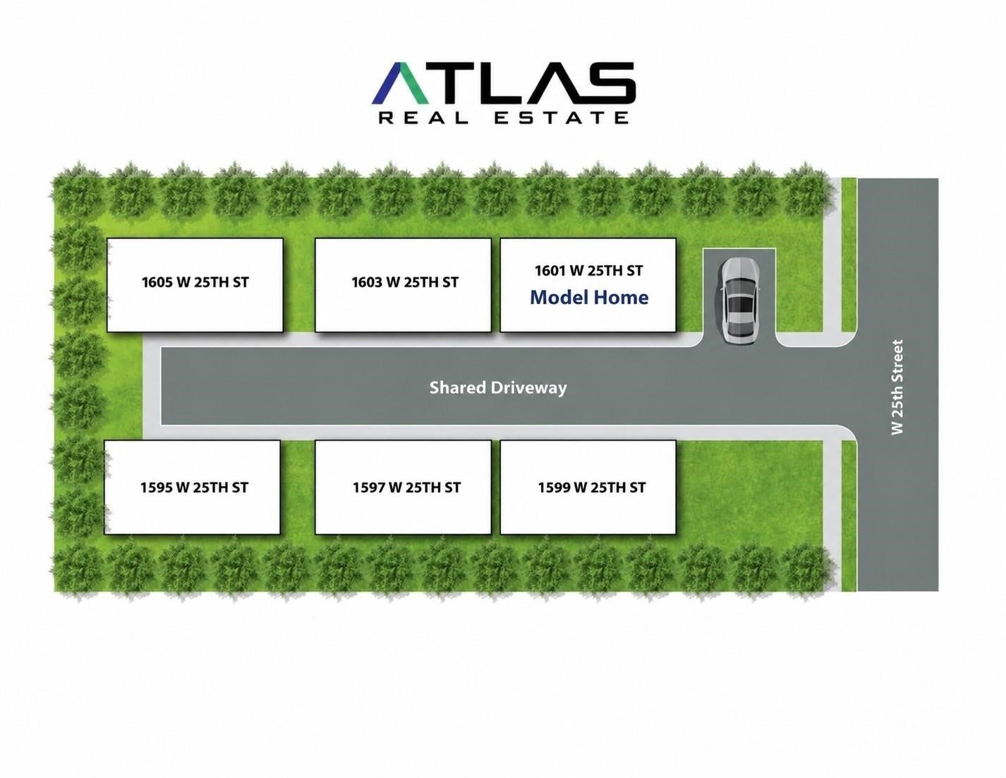 1603 W 25th Street, Houston, TX 77008 Site plan highlighting 1601 W 25th Street as the Model Home within the six-home development.