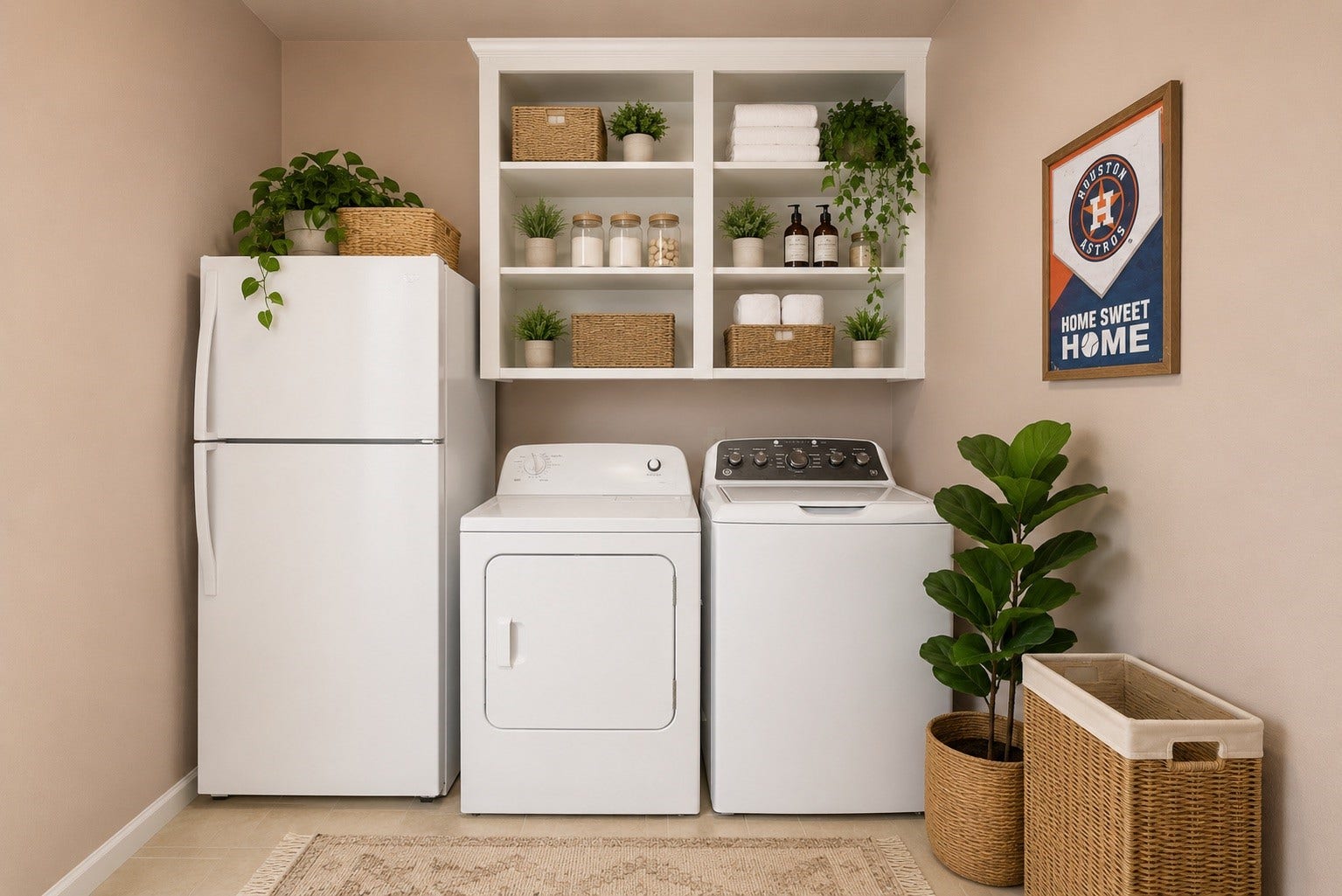 The spacious utility room offers both functionality and style, complete with abundant storage, open shelving, and room to keep laundry essentials neatly organized. Designed to simplify everyday living, this versatile space provides extra storage for household items while maintaining a clean, organized look.