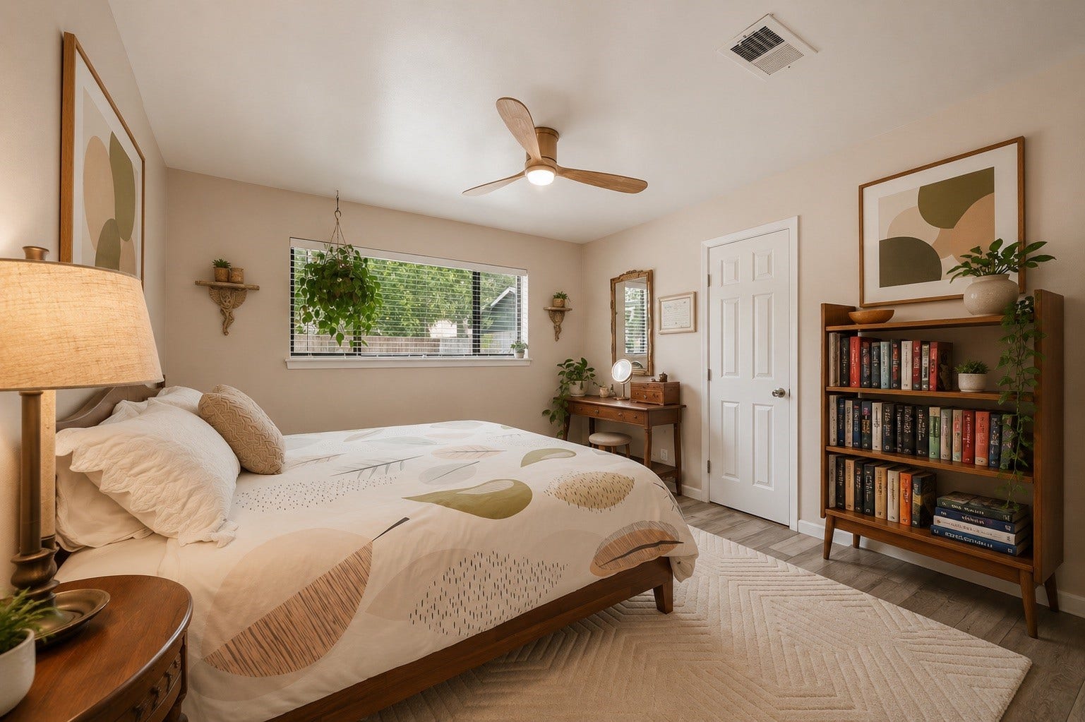 This stunning primary suite greets you with an abundance of natural light, modern ceiling fan with lighting, and and direct access to your ensuite primary bathroom!