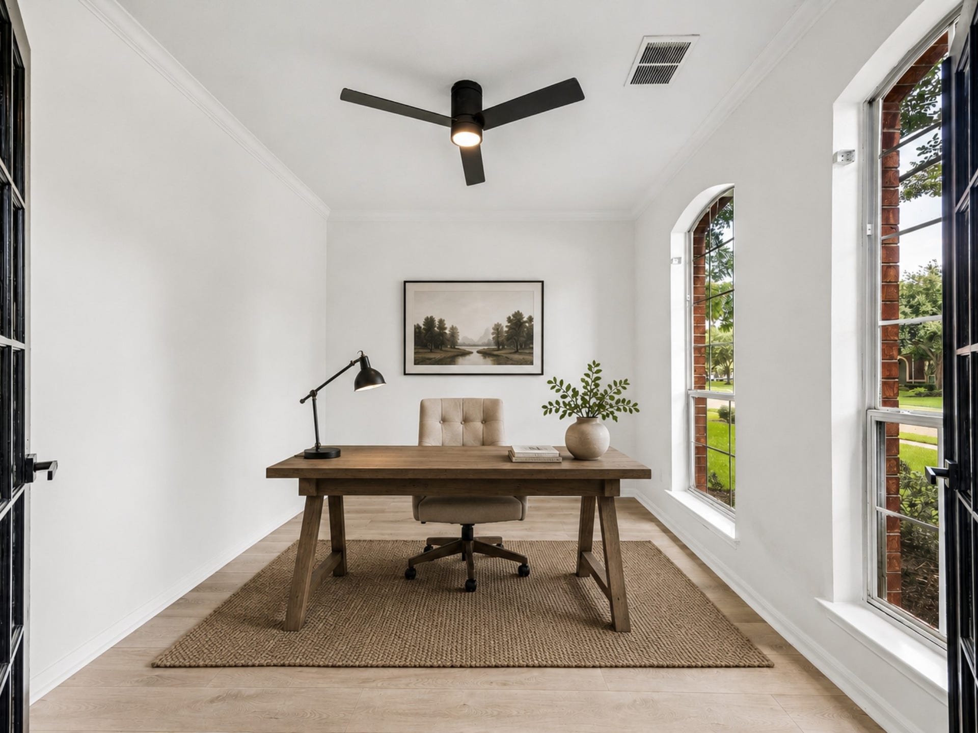 1331 SHADY BEND DRIVE, Sugar Land, TX 77479 Double French doors open to a private home office filled with natural light, perfect for working from home. **Virtually Stage.