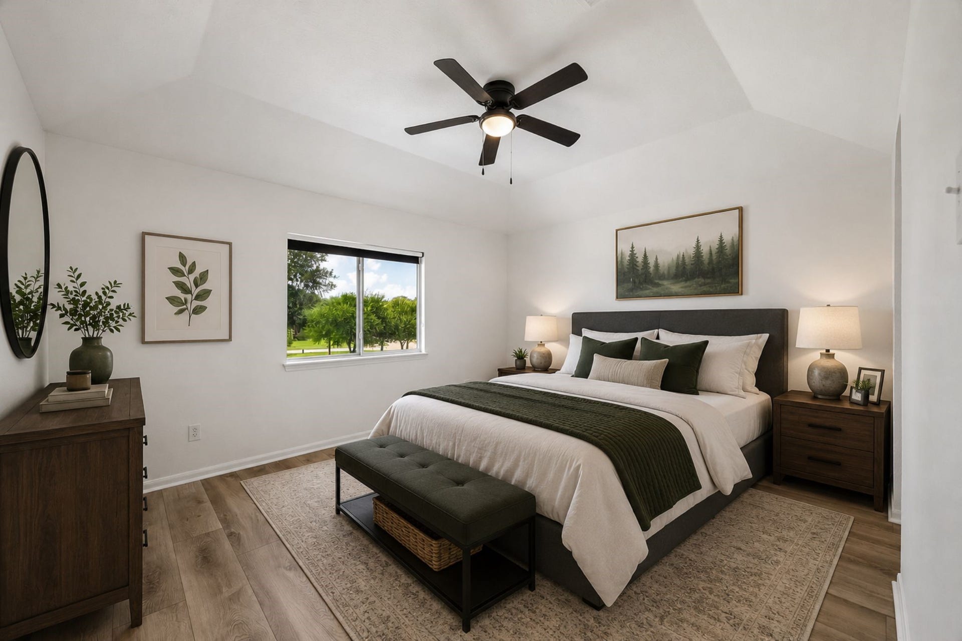 1331 SHADY BEND DRIVE, Sugar Land, TX 77479 Bedroom 4 features a vaulted ceiling and large window overlooking mature trees. **Virtually Stage.