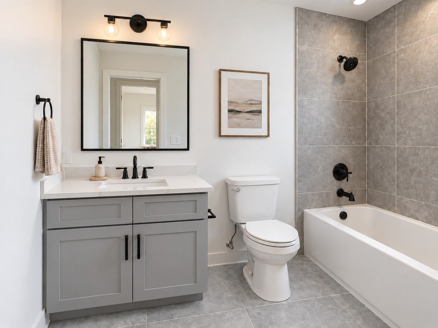 6031 Beall Street, Houston, TX 77091 This beautifully appointed bathroom combines modern sophistication with everyday functionality. A stylish gray vanity features shaker-style cabinetry, a white countertop, an undermount sink, and matte black hardware. The large black-framed mirror and contemporary vanity lighting enhance the bright, welcoming atmosphere. A spacious bathtub surrounded by elegant textured tile provides the perfect place to unwind. These photos have been virtually rendered for visual reference.