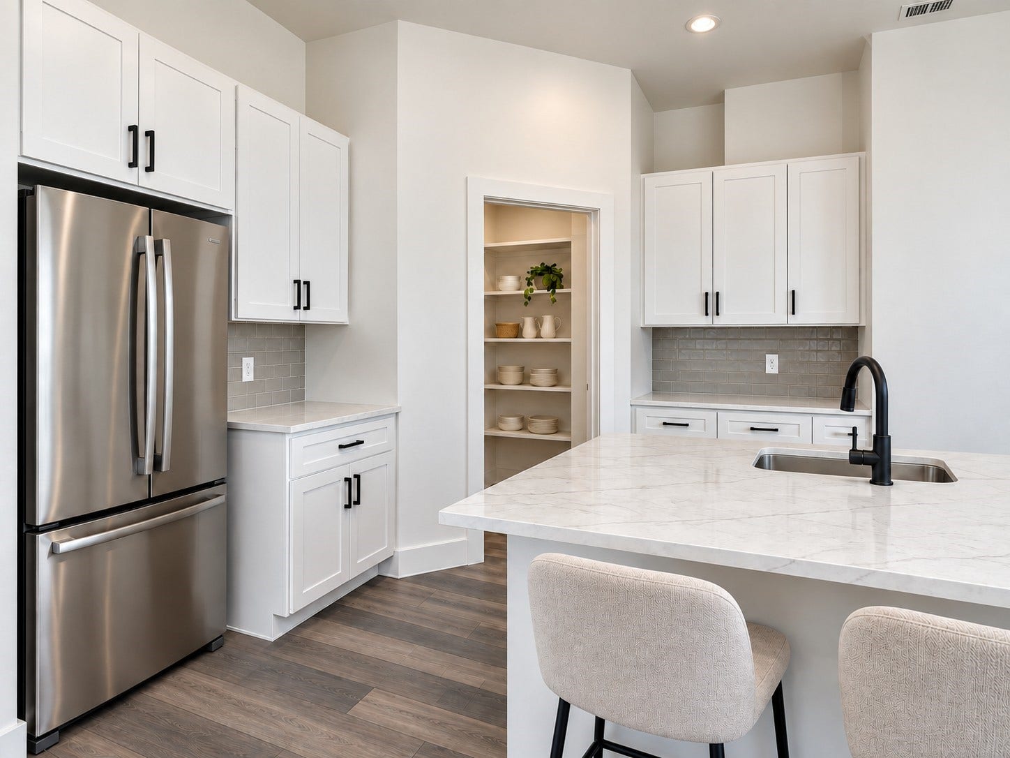 6031 Beall Street, Houston, TX 77091 This stunning contemporary kitchen features crisp white shaker-style cabinetry, elegant stone-look countertops, and a coordinating gray tile backsplash. Stainless steel appliances, including a French-door refrigerator, provide modern functionality, while matte black cabinet hardware and a stylish gooseneck faucet add striking contrast. The spacious island offers additional preparation space, an undermount sink, and comfortable seating. These photos have been virtually rendered for visual reference.