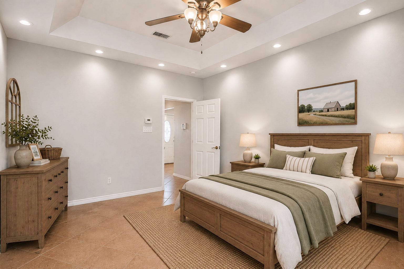 The primary bedroom is spacious and features tile floors, tray ceiling with canned lighting and ceiling fan. **Virtually Staged**