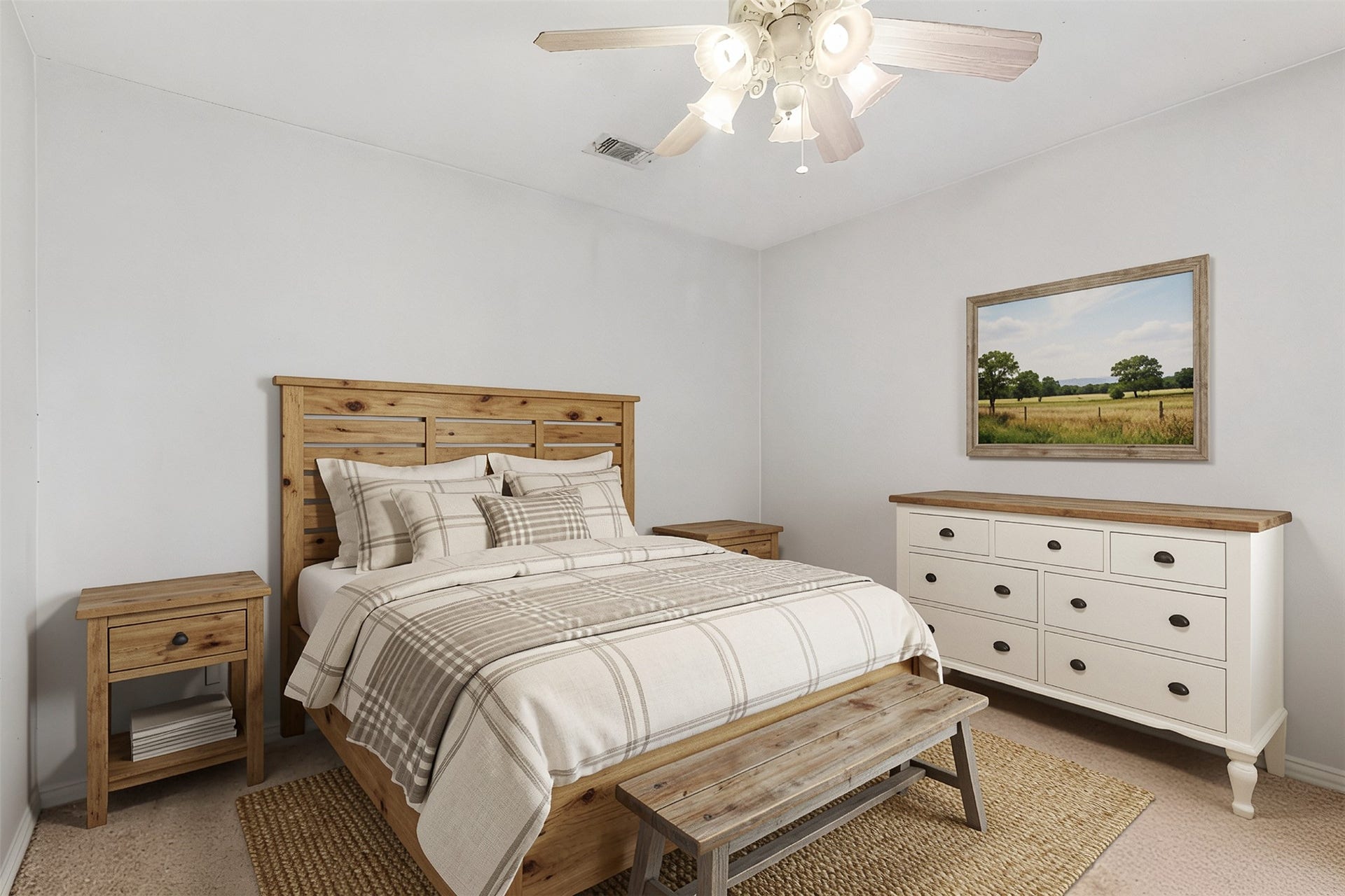 Secondary bedroom features carpet and ceiling fan. *Virtually staged*