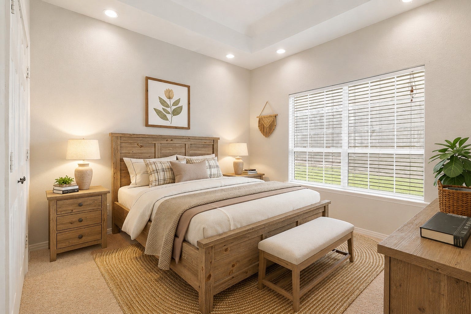 Secondary bedroom with carpet, canned lighting, ceiling fan and large picture window. **Virtually Staged**