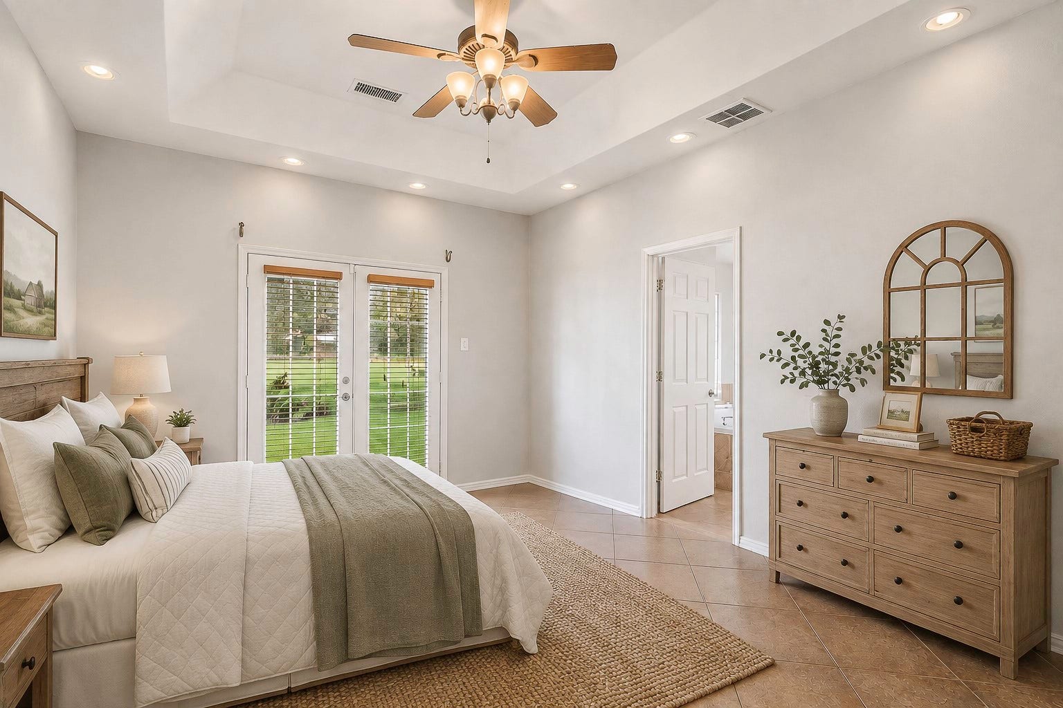 Another view of the primary bedroom with your own access to the backyard through the double doors. **Virtually Staged**