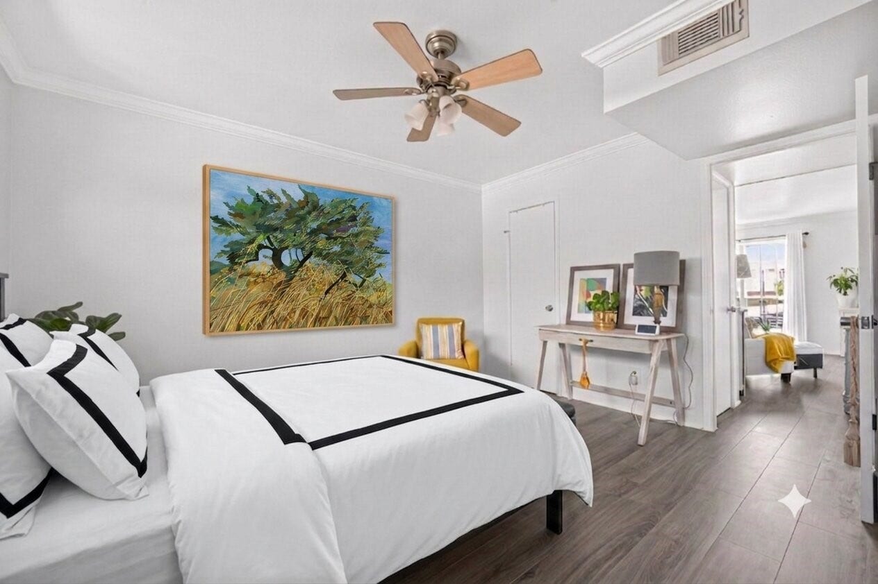 6402 Del Monte Drive, #65, Houston, TX 77057 This bedroom features a modern design with clean white walls and wood flooring. A ceiling fan provides comfort, while a large window allows natural light. The room includes a stylish bed with crisp linens, a decorative painting, and a small desk with decor, creating a cozy and inviting atmosphere.