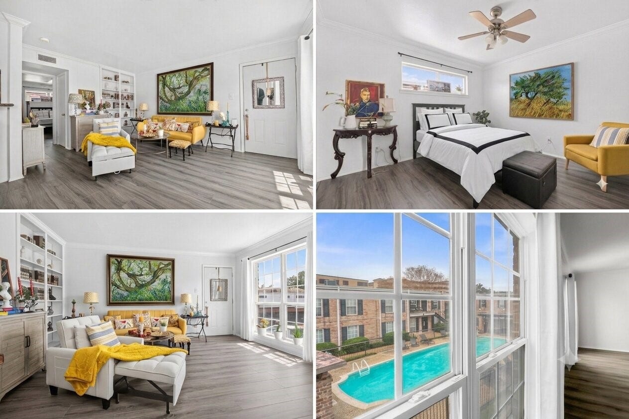 6402 Del Monte Drive, #65, Houston, TX 77057 Bright and inviting home with modern flooring and stylish decor. The living area features a cozy seating arrangement and large windows for natural light. The bedroom is spacious with elegant furnishings. Enjoy views of the outdoor pool from the windows, adding a touch of luxury and relaxation.