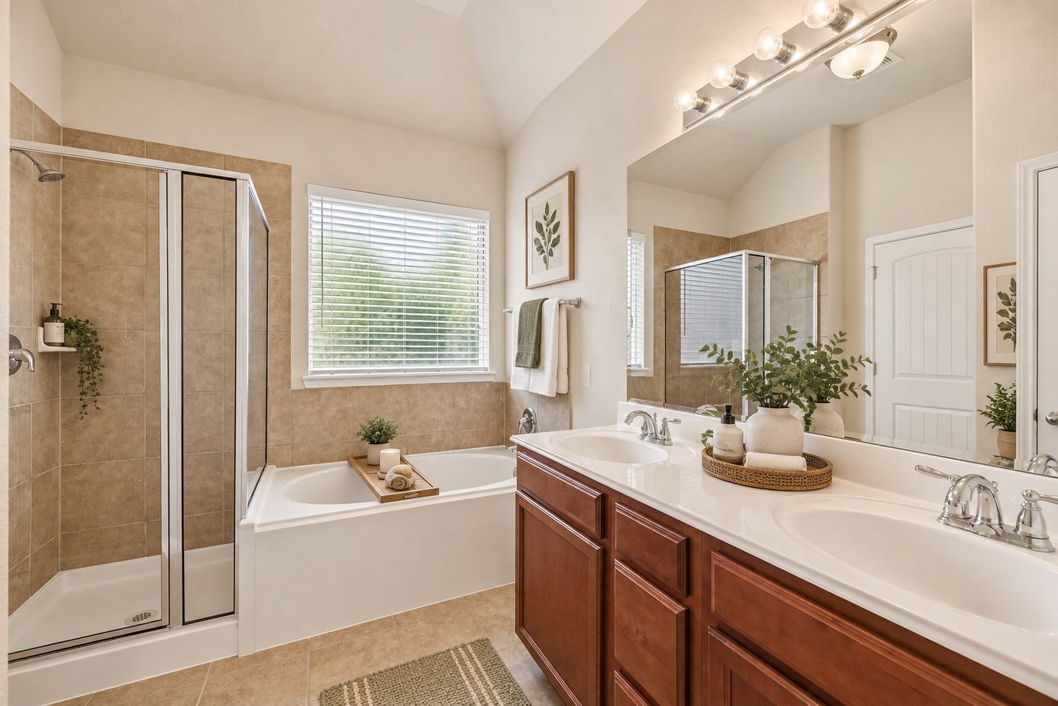 18803 Cove Mill Lane, Cypress, TX 77433 Primary bathroom features dual sinks, garden tub, and separate shower. *virtually staged*