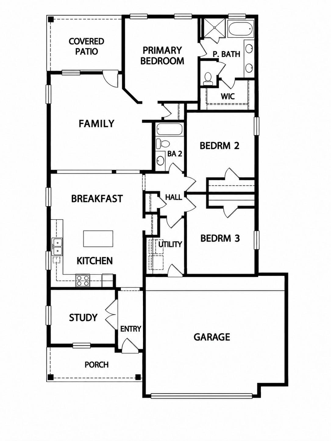 18803 Cove Mill Lane, Cypress, TX 77433 Functional floorplan features an open kitchen, 3 bedrooms, 2 bathrooms, and a private office with a covered front porch and covered back patio overlooking the lake and greenbelt.