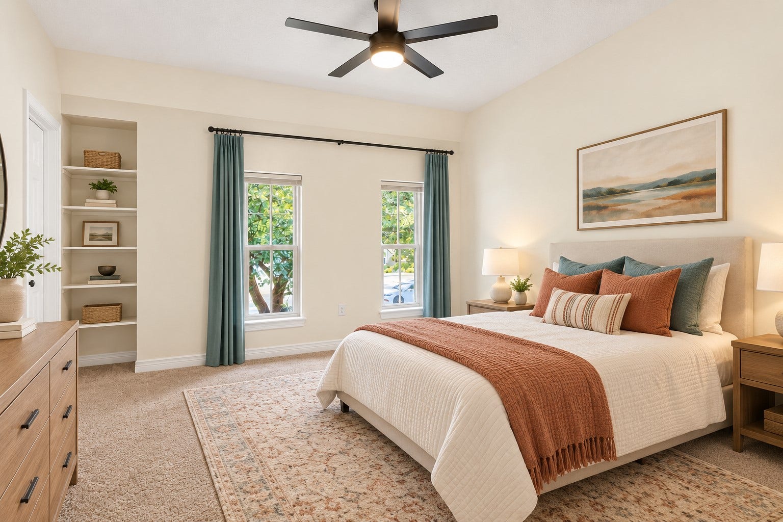 11810 Rue Beaujon Court, Tomball, TX 77377 Virtually staged with built-in shelving that adds useful storage and character to this spacious upstairs bedroom.