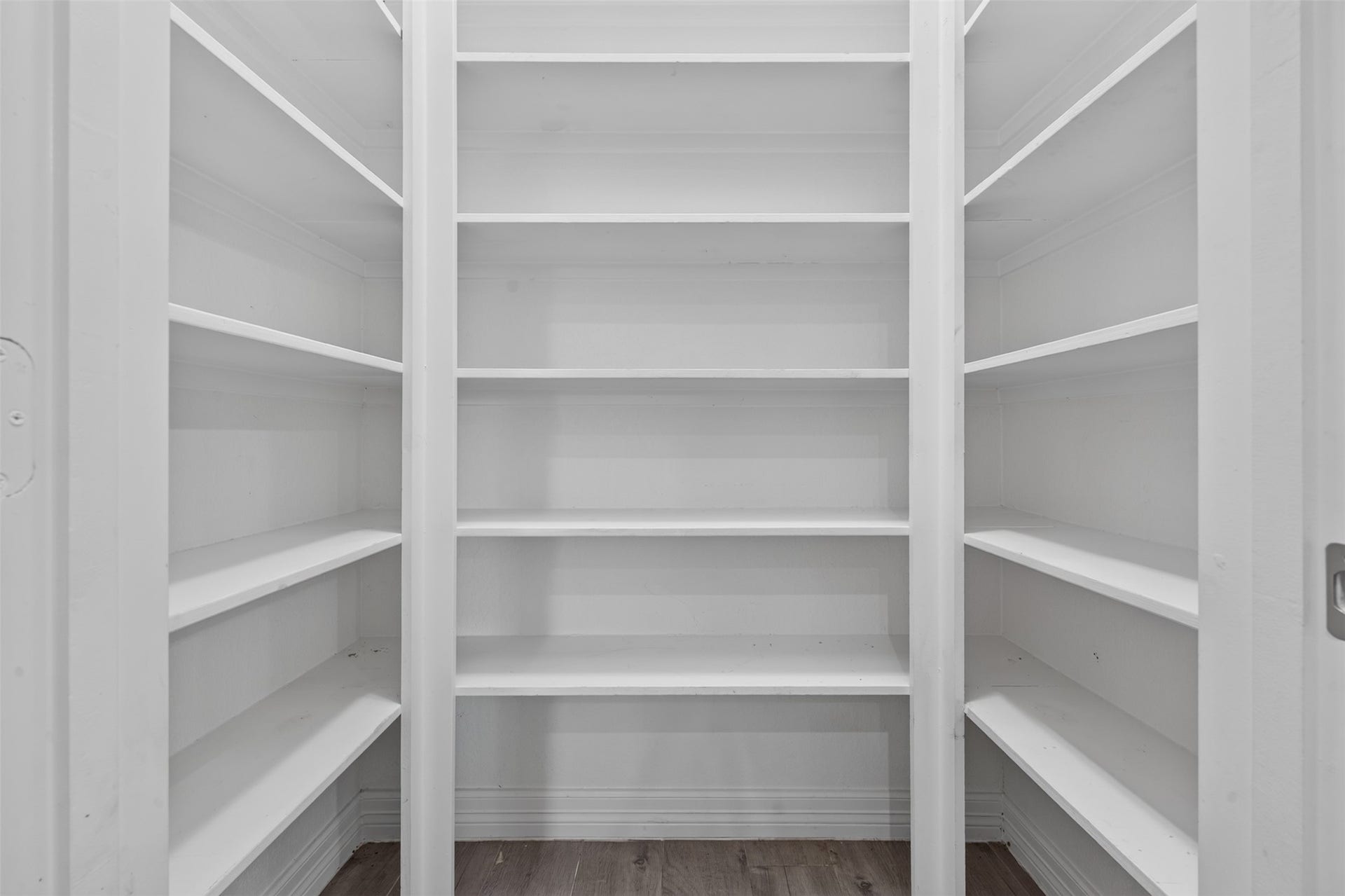 Spacious pantry with ample shelving for organized storage.