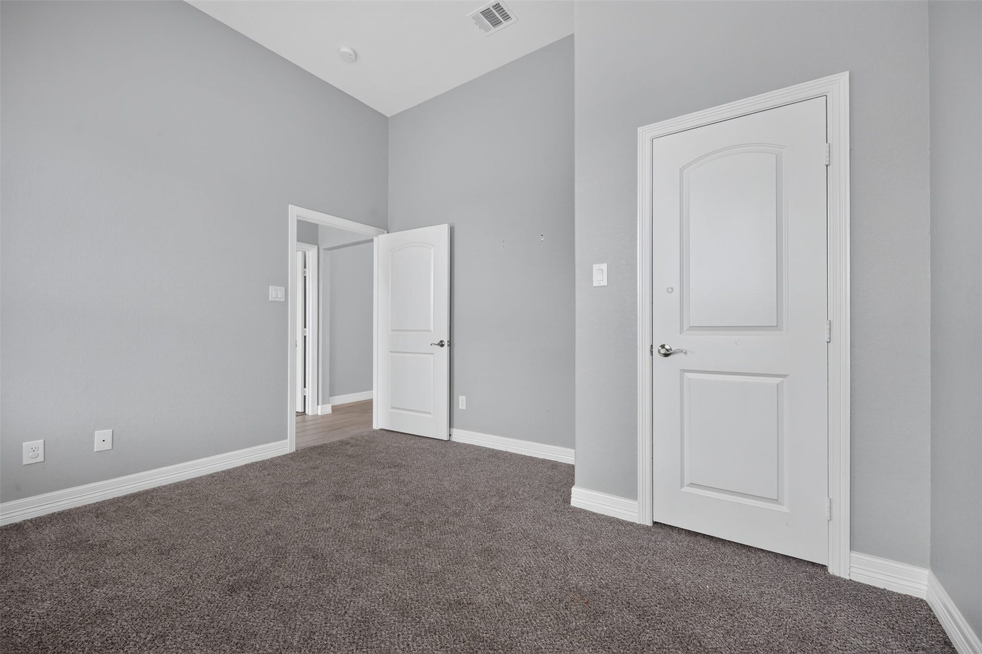 Spacious room with plush carpeting and neutral gray walls, featuring two white doors and ample natural light.