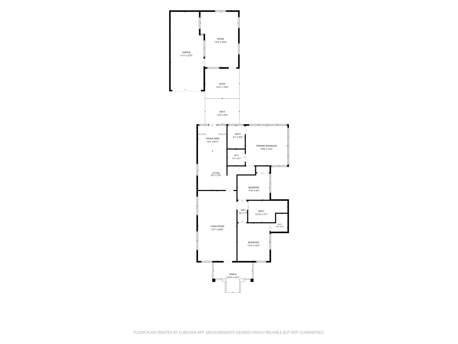 909 Fugate Street, Houston, TX 77009 Spacious floor plan showcasing a large living room, three bedrooms, two bathrooms, and an inviting dining area. Includes a deck, patio, and attached garage for added convenience.