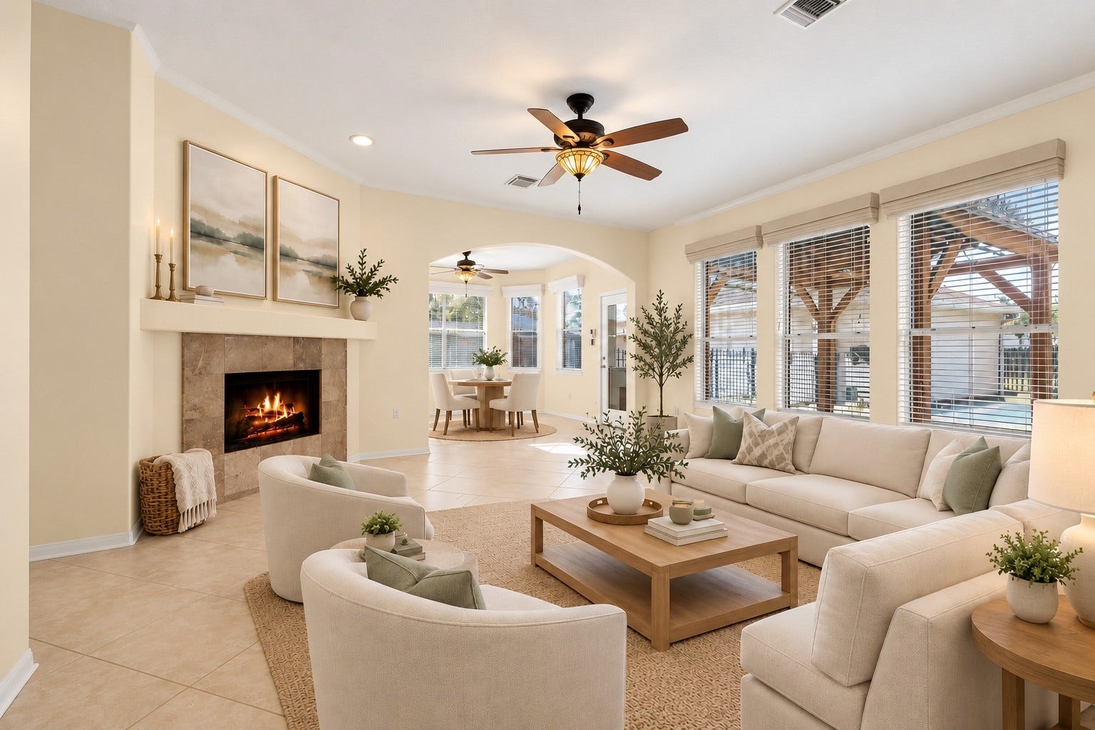 24815 Giltspur Way, Spring, TX 77389 ROOM TO RELAX, ENTERTAIN & ENJOY THE VIEW! This spacious 20x17 family room overlooks your backyard oasis with sparkling pool & pergola! Walls of windows invite natural light, while roll-down shades & faux-wood blinds offer privacy and sun control. Enjoy a cozy fireplace (w/gas connctions), lighted ceiling fan, custom crown & base moldings, and plenty of wall space for your BIG SCREEN TV! Open to the kitchen & breakfast room, with a convenient half bath nearby.