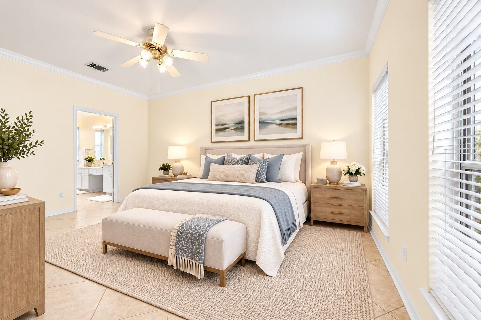24815 Giltspur Way, Spring, TX 77389 YOUR PRIVATE RETREAT AWAITS! Light, bright & wonderfully spacious, this 17 x 12 PRIMARY SUITE offers 9' ceilings, beautiful crown & base moldings, faux-wood window blinds & a lighted ceiling fan! Plenty of room for your KING-SIZE furniture, favorite pieces & BIG SCREEN TV! Enjoy the convenience of your own EN SUITE BATH just steps away. And did we mention the primary suite is DOWNSTAIRS? COMFORT, PRIVACY & CONVENIENCEALL IN ONE!