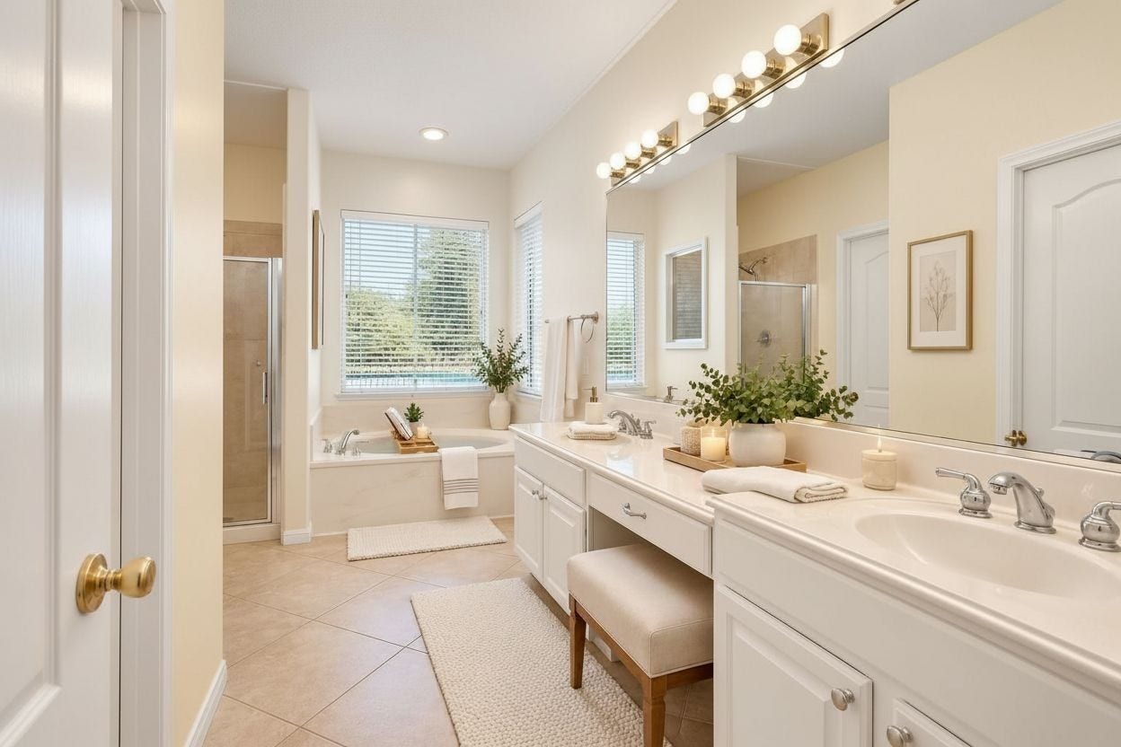 24815 Giltspur Way, Spring, TX 77389 YOUR OWN PRIVATE SPA RETREAT! This light-filled PRIMARY BATH offers a spacious double vanity with cultured marble countertops, His and her sinks, a dedicated seated makeup area & an abundance of cabinets and drawers! Relax in the JETTED SOAKING TUB overlooking the backyard pool, with privacy glass allowing natural light to filter in. Enjoy a separate glass-enclosed shower, convenient PRIVATE WATER CLOSET with its own door & easy-care tile flooring. PLENTY OF SPACE FOR TWO!