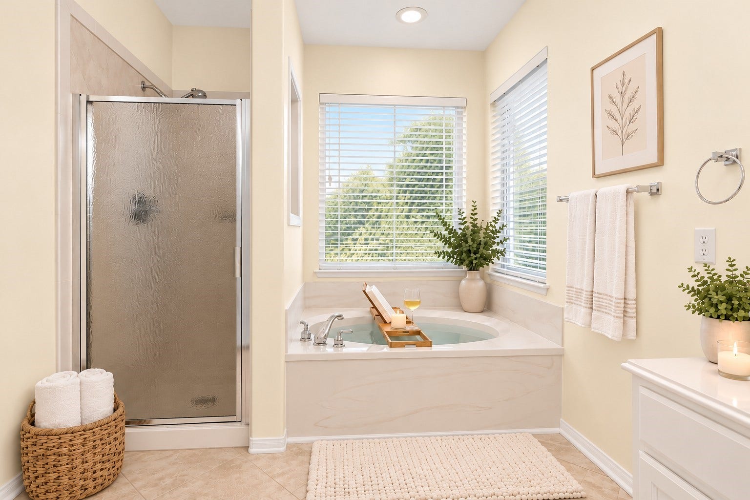 24815 Giltspur Way, Spring, TX 77389 SOAK AWAY THE DAY! Imagine unwinding in your JETTED GARDEN TUB while enjoying the natural light from two windows overlooking your backyard oasis! Privacy window coverings, a separate shower with textured glass enclosure, easy-care tile flooring & a beautiful tub surround complete this relaxing retreat. YOUR OWN LITTLE ESCAPE WITHOUT EVER LEAVING HOME!