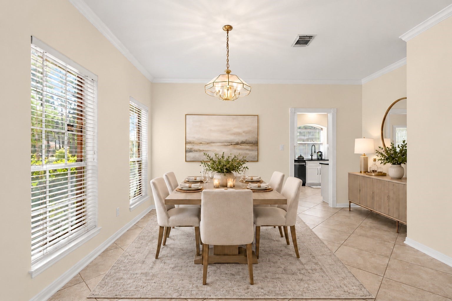 24815 Giltspur Way, Spring, TX 77389 DINNER PARTIES, HOLIDAY GATHERINGS & MEMORIES IN THE MAKING! This spacious 15' x 12' formal dining room features an elegant arched entry, crown molding, decorative trim, abundant natural light from two front-facing windows, and easy-care 18" x 18" tile flooring. A recessed furniture alcove offers the perfect spot for a buffet or built-ins, while direct access to the beautifully renovated custom kitchen makes entertaining a breeze! Virtually staged for inspiration.